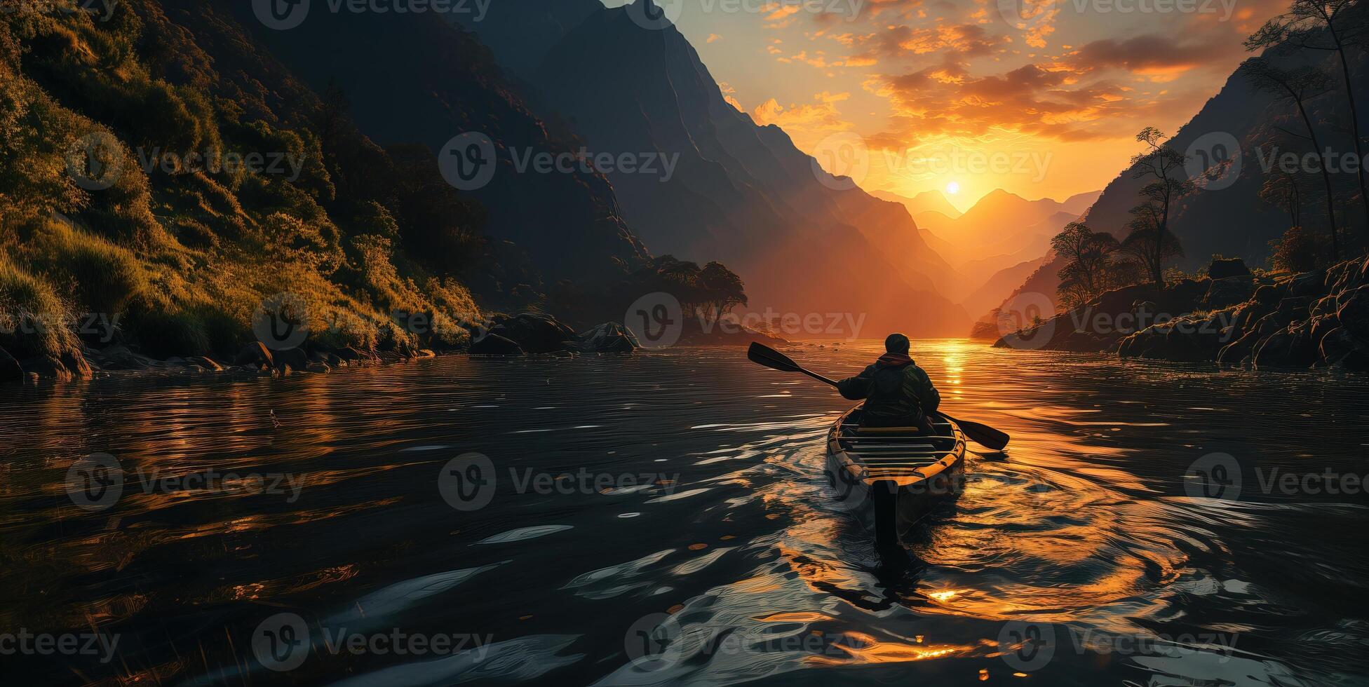 ai généré une homme dans une kayak flotteurs le long de le rivière contre le toile de fond de montagnes génératif ai photo