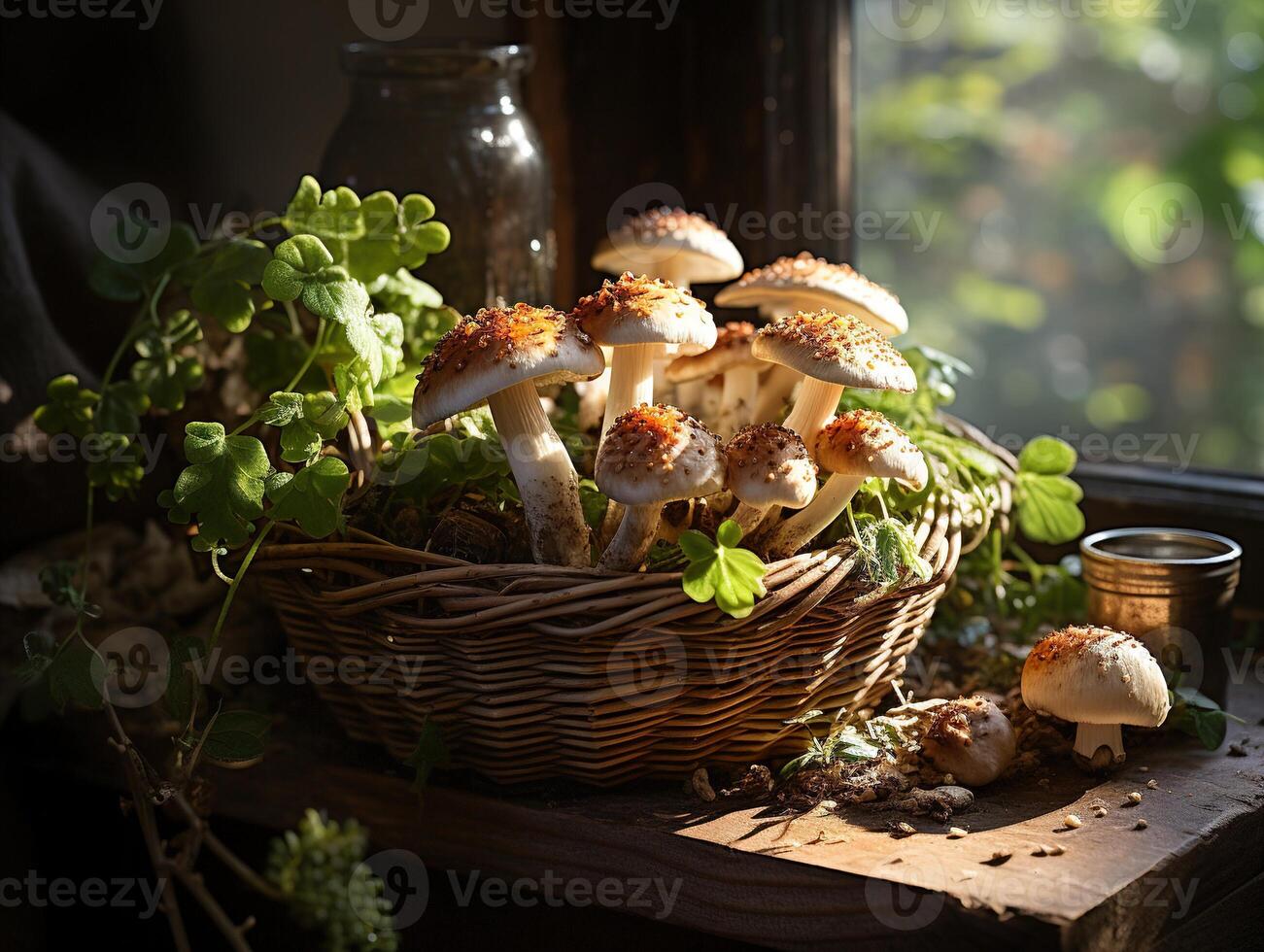 ai généré champignons dans le rosée génératif ai photo