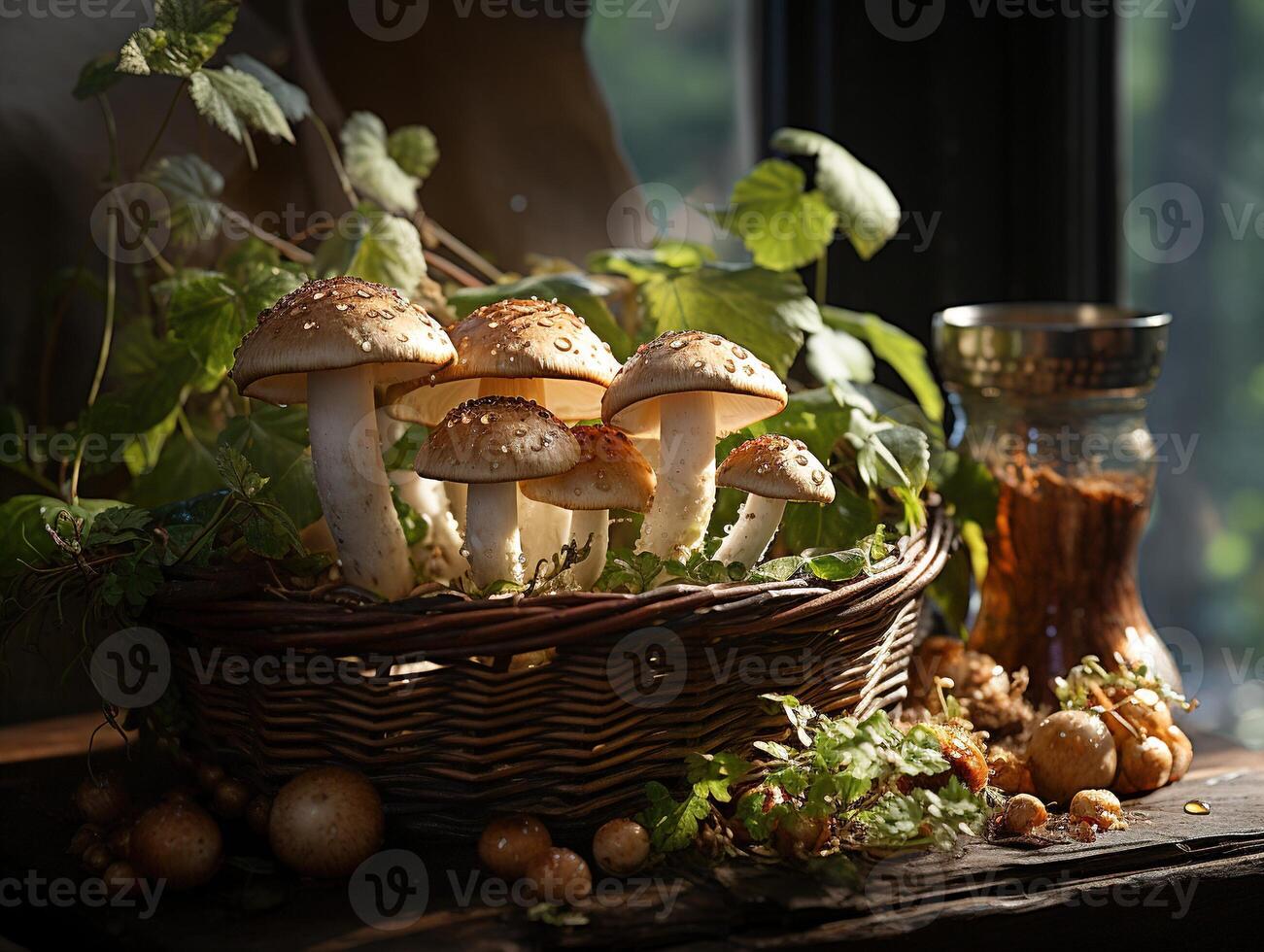 ai généré champignons dans le rosée génératif ai photo