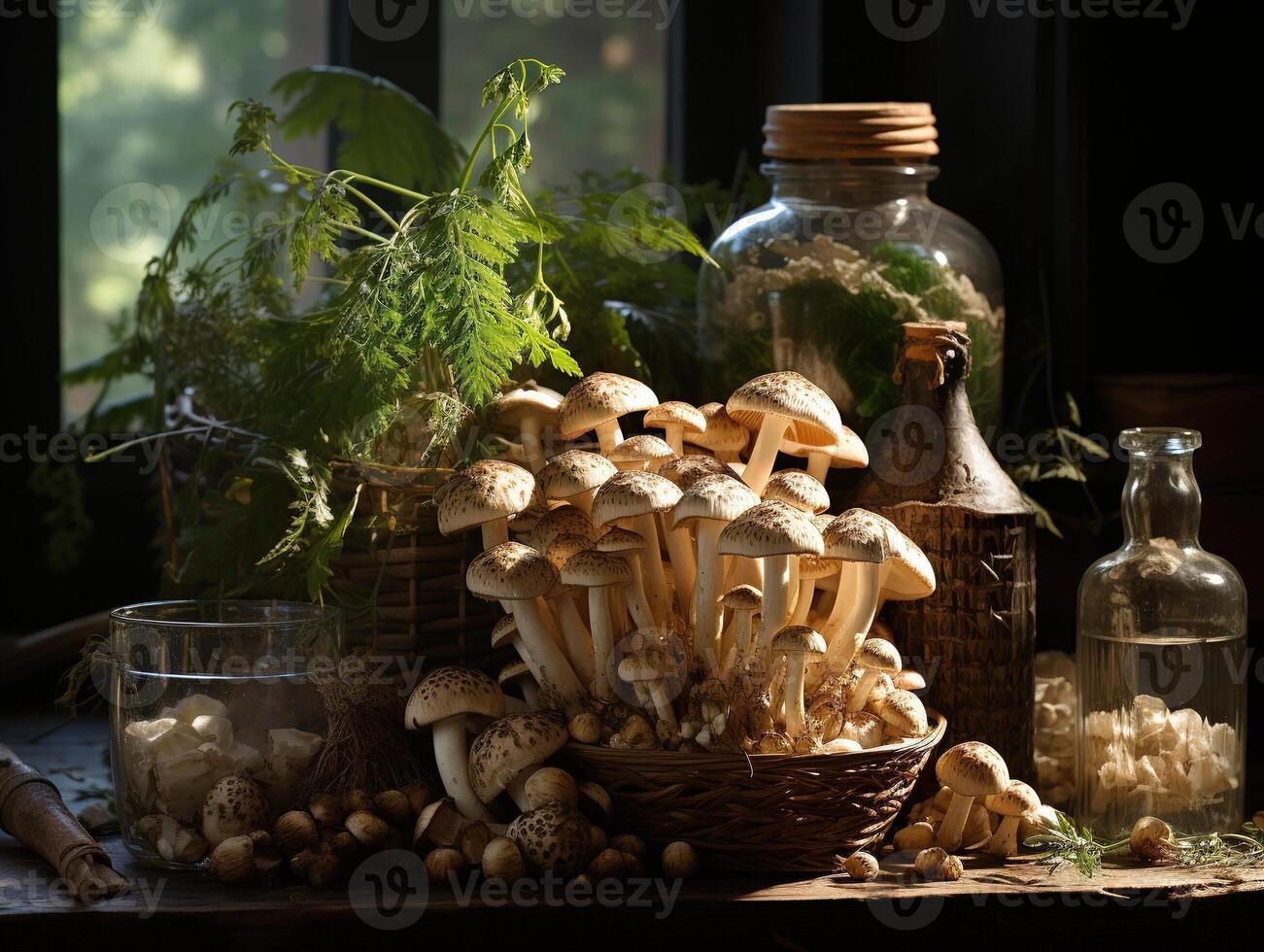 ai généré champignons dans le rosée génératif ai photo