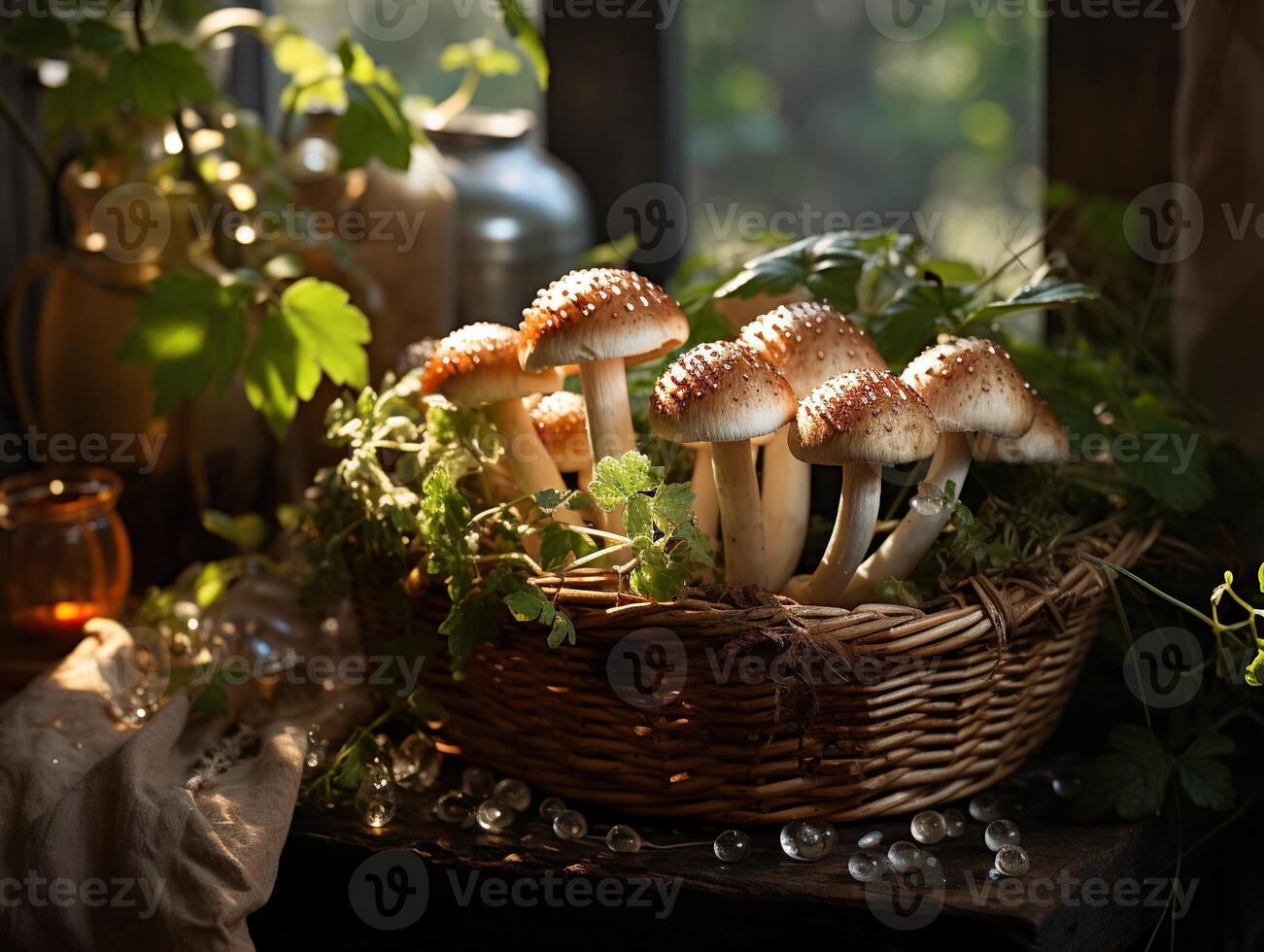 ai généré champignons dans le rosée génératif ai photo