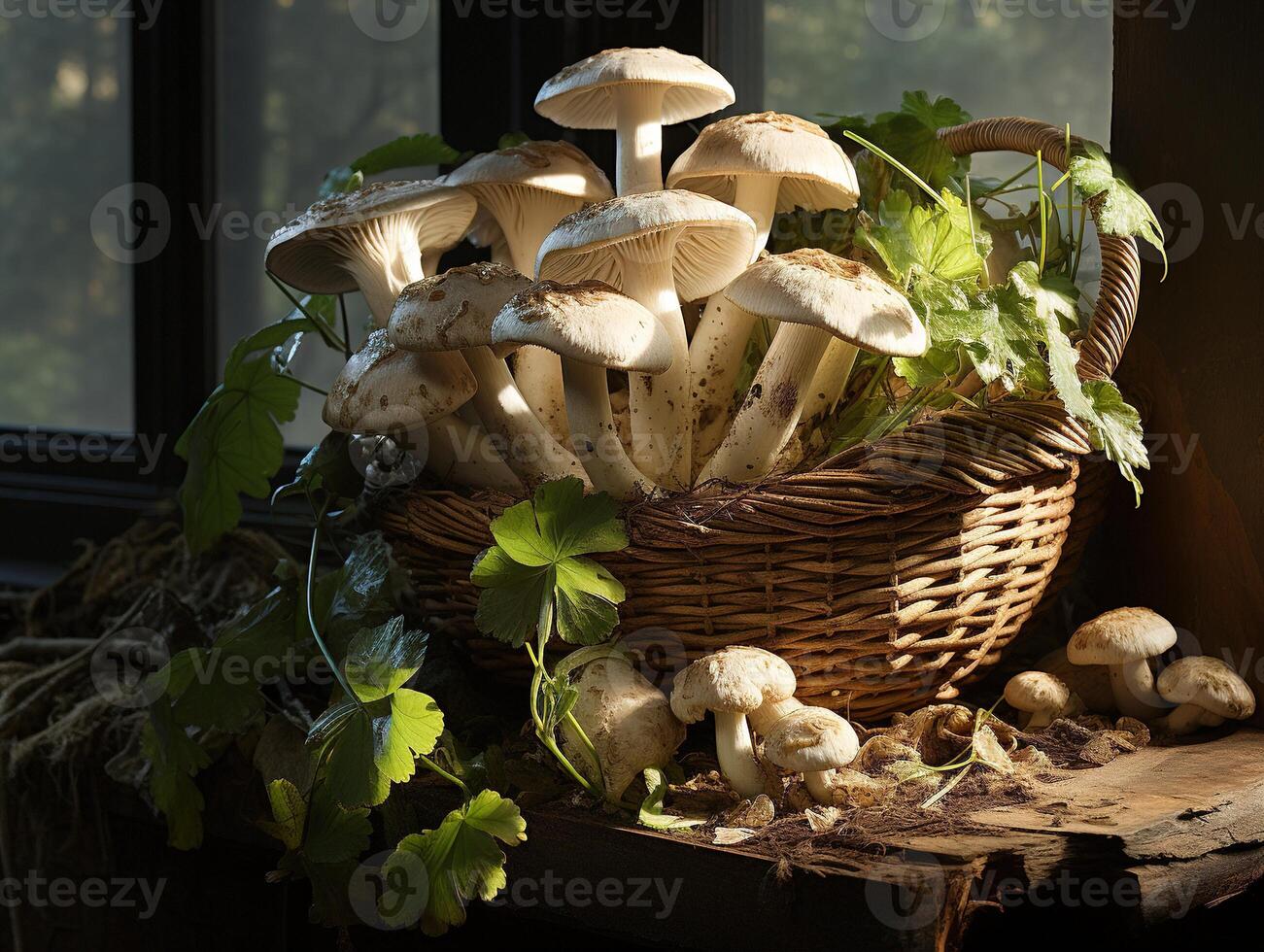 ai généré champignons dans le rosée génératif ai photo