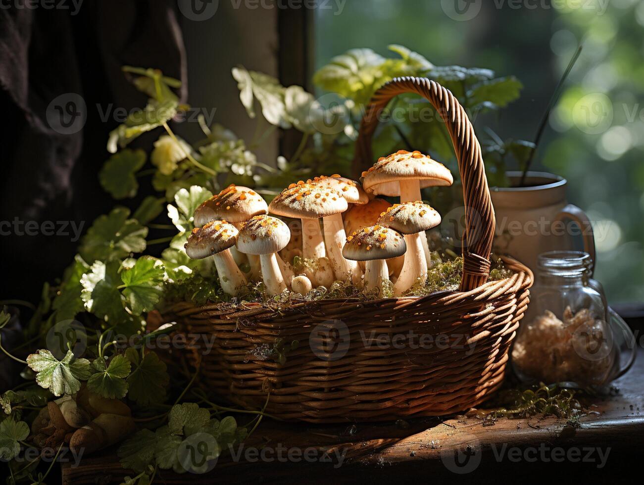 ai généré champignons dans le rosée génératif ai photo