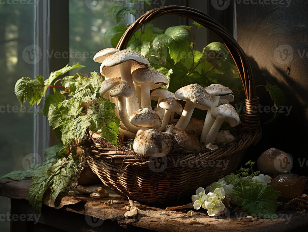 ai généré champignons dans le rosée génératif ai photo