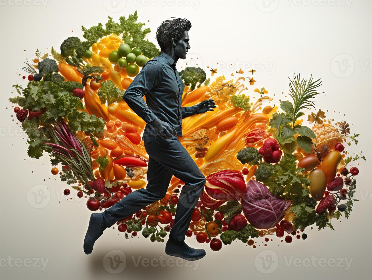 ai généré silhouette de une homme fonctionnement sur le Contexte de des légumes et des fruits en bonne santé en mangeant génératif ai photo