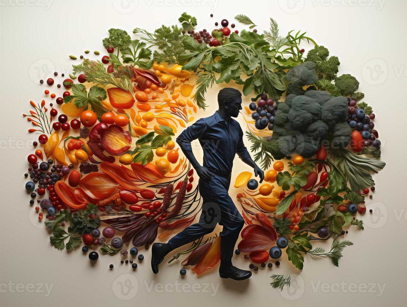 ai généré silhouette de une homme fonctionnement sur le Contexte de des légumes et des fruits en bonne santé en mangeant génératif ai photo