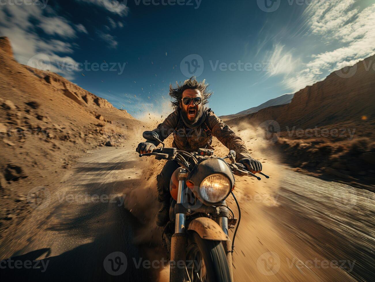 ai généré motard se précipiter à haute la vitesse sur le Autoroute génératif ai photo