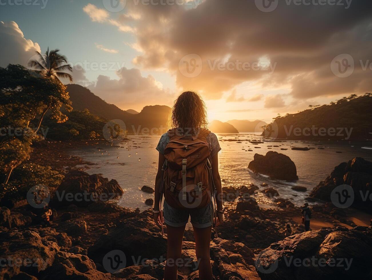 ai généré voyageur avec une sac à dos sur le Contexte de le le coucher du soleil mains en haut génératif ai photo