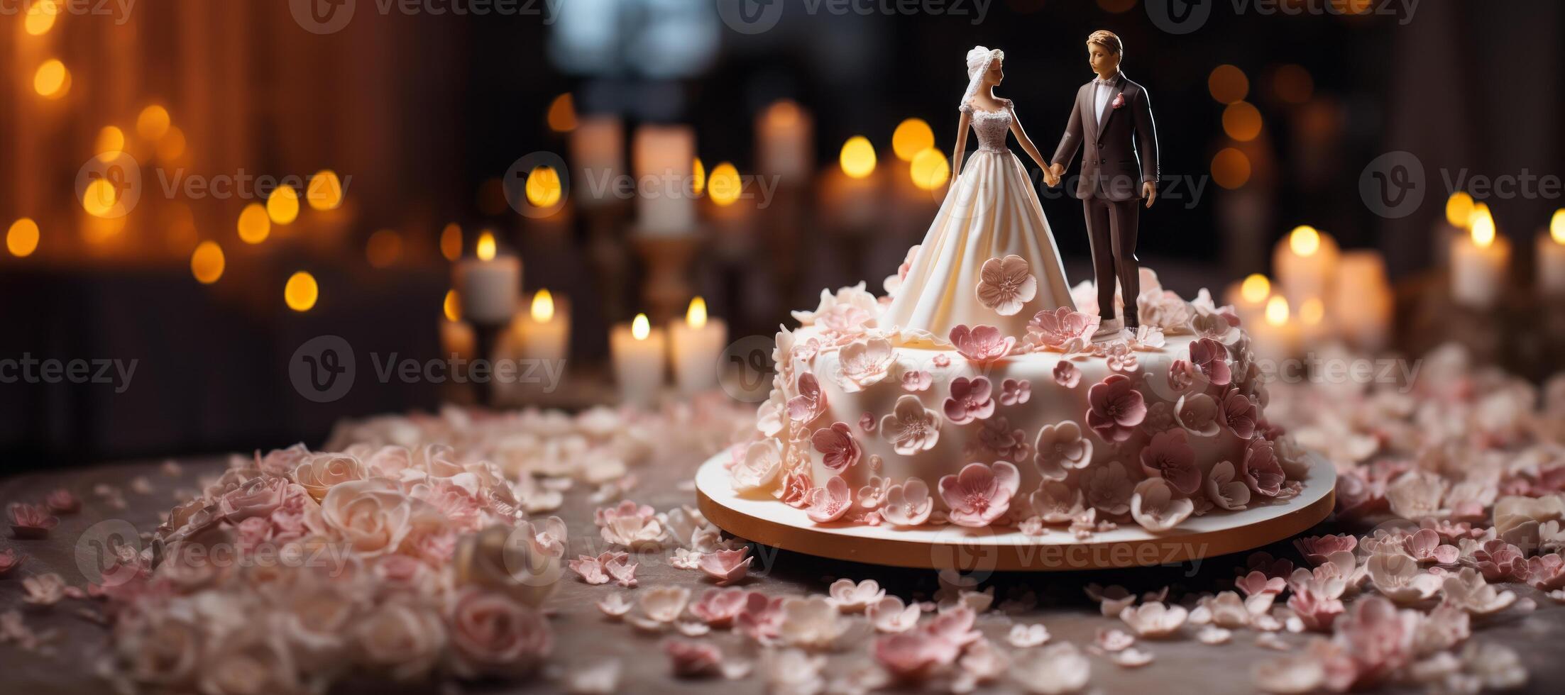 ai généré mariage gâteau avec Les figures de le la mariée et jeune marié sur une flou Contexte génératif ai photo