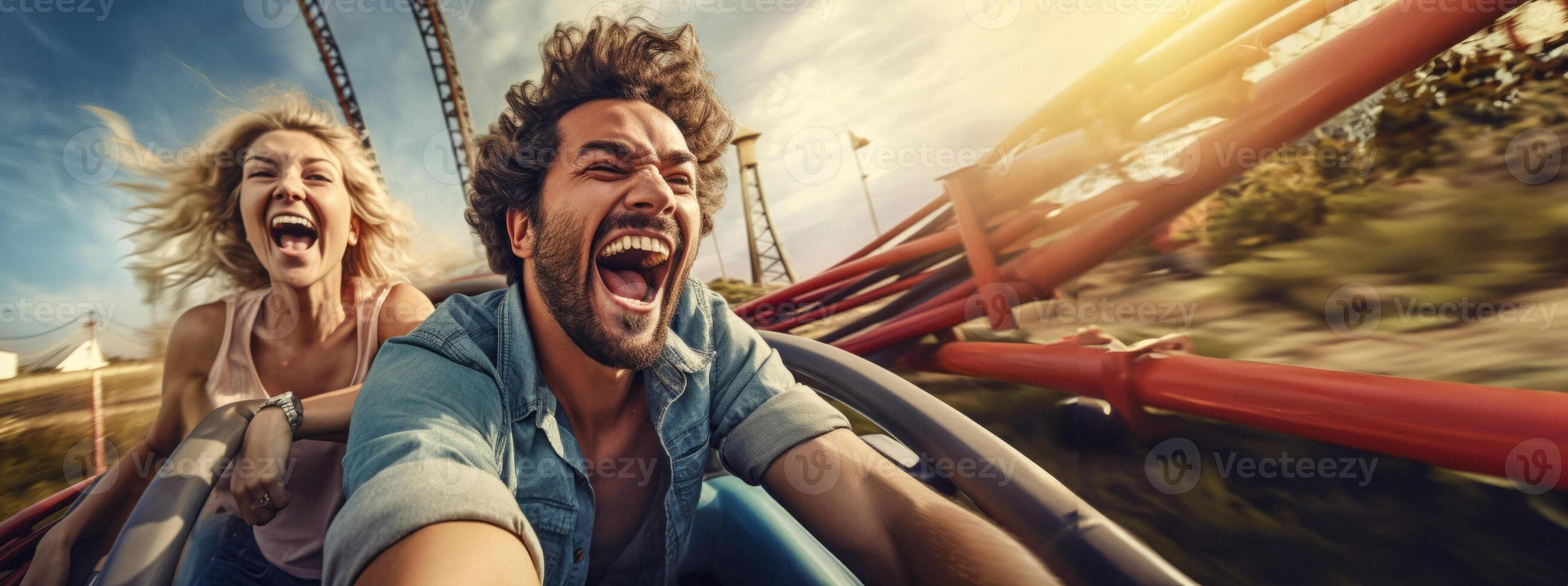 ai généré Jeune couple sur rouleau Coaster émotions génératif ai photo