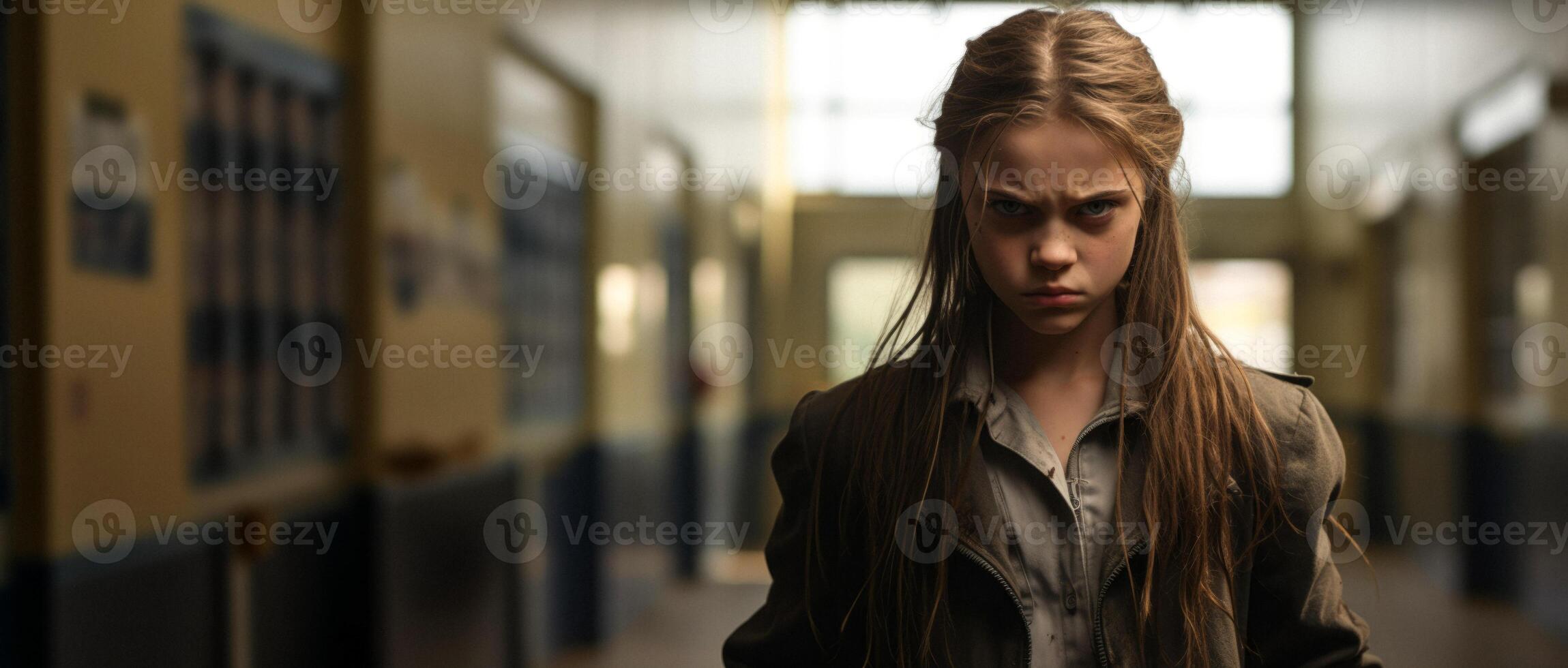 ai généré en colère fille dans une école couloir portrait fermer génératif ai photo