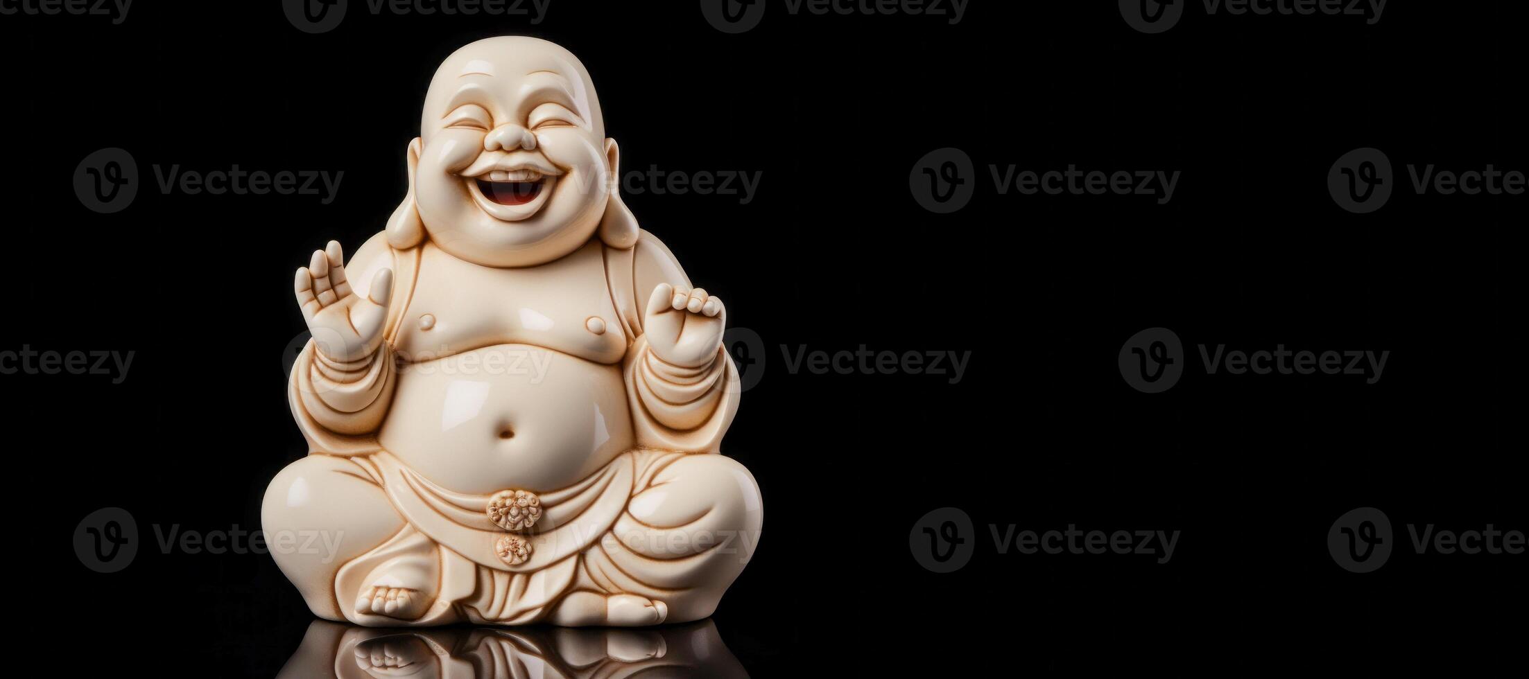 ai généré figurine de une en riant Bouddha sur une noir Contexte génératif ai photo