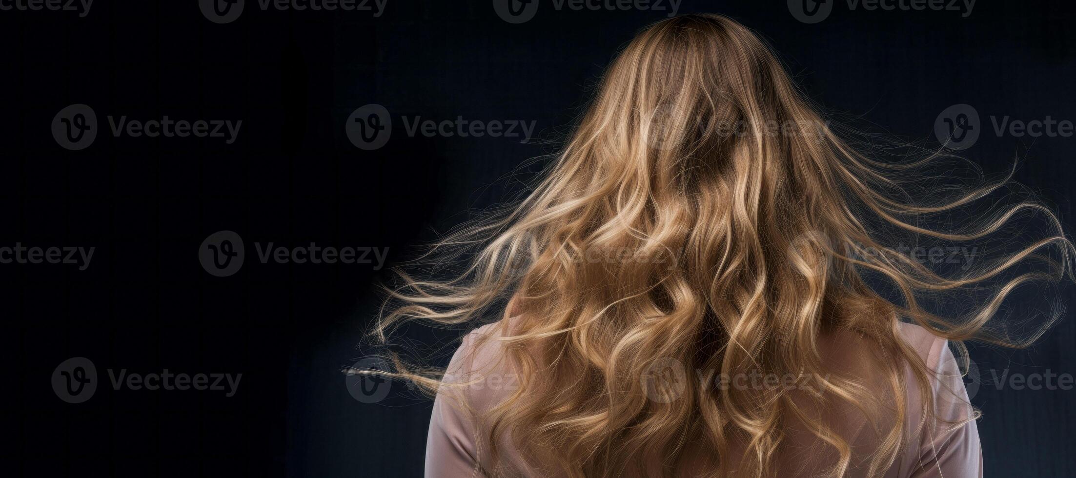 ai généré magnifique femelle longue cheveux retour vue sur noir Contexte génératif ai photo