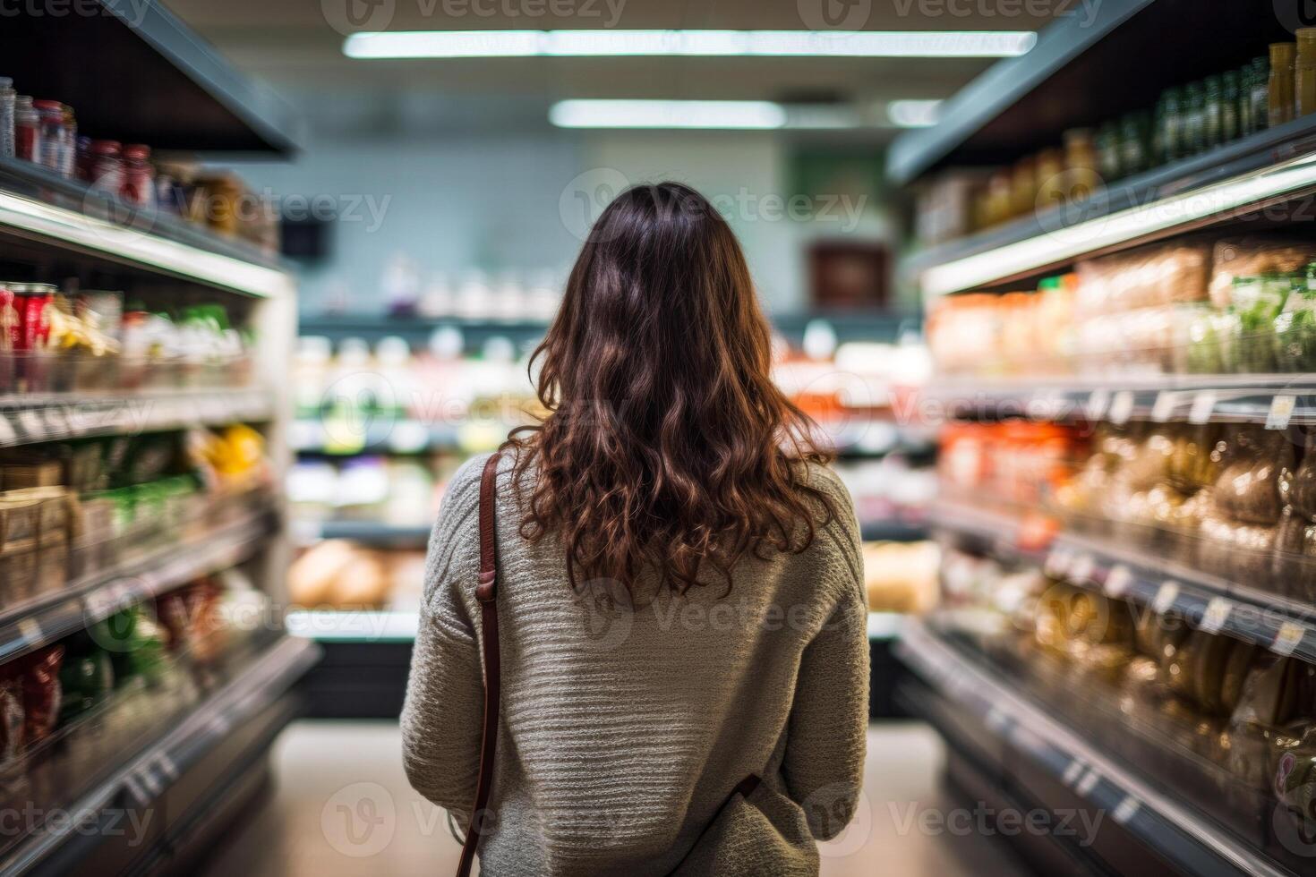 ai généré fille dans le boutique choisit des produits arrière vue génératif ai photo