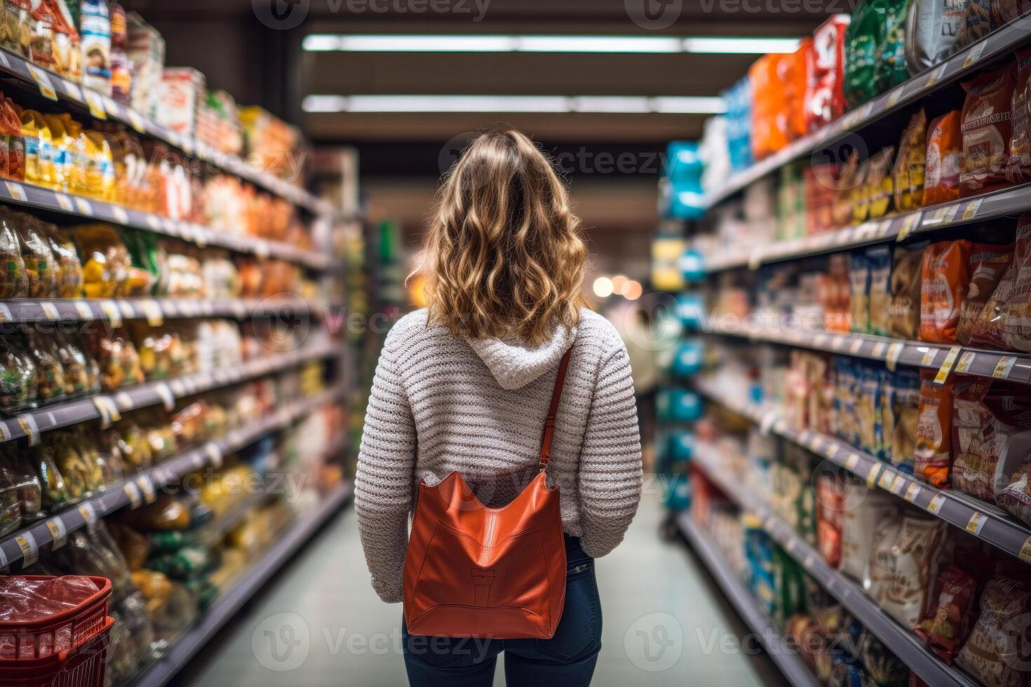 ai généré fille dans le boutique choisit des produits arrière vue génératif ai photo