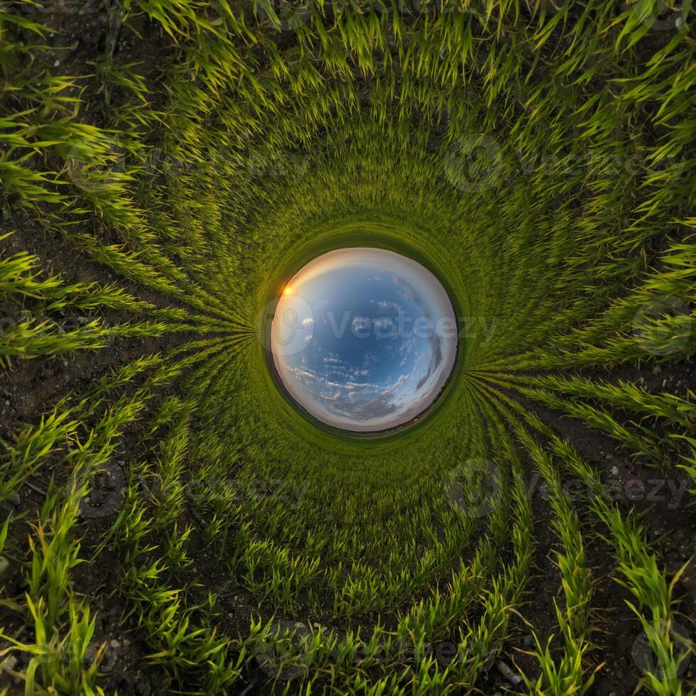 bleu trou sphère peu planète à l'intérieur le sable ou sec herbe rond Cadre Contexte photo