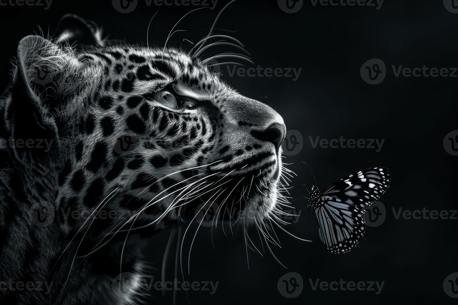 portrait de jaguar dans noir et blanc avec papillon. préservation et faune concept. photo