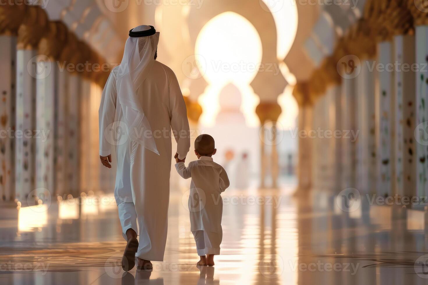 une homme et une enfant sont en marchant vers le bas une rue dans une étranger pays photo