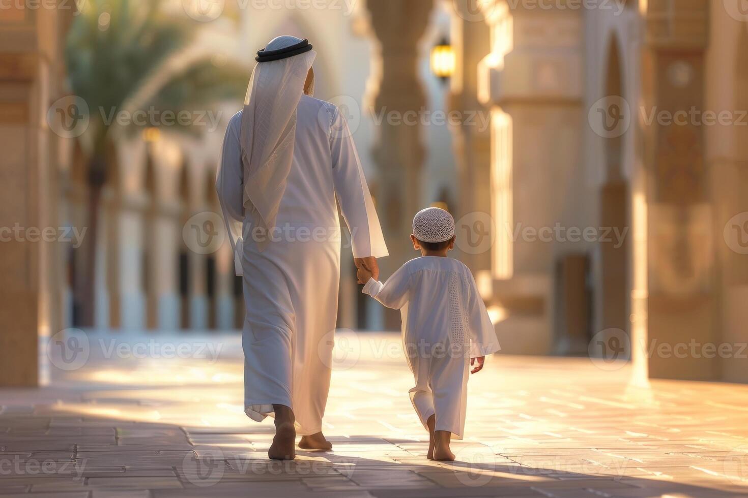 une homme et une enfant sont en marchant vers le bas une rue dans une étranger pays photo