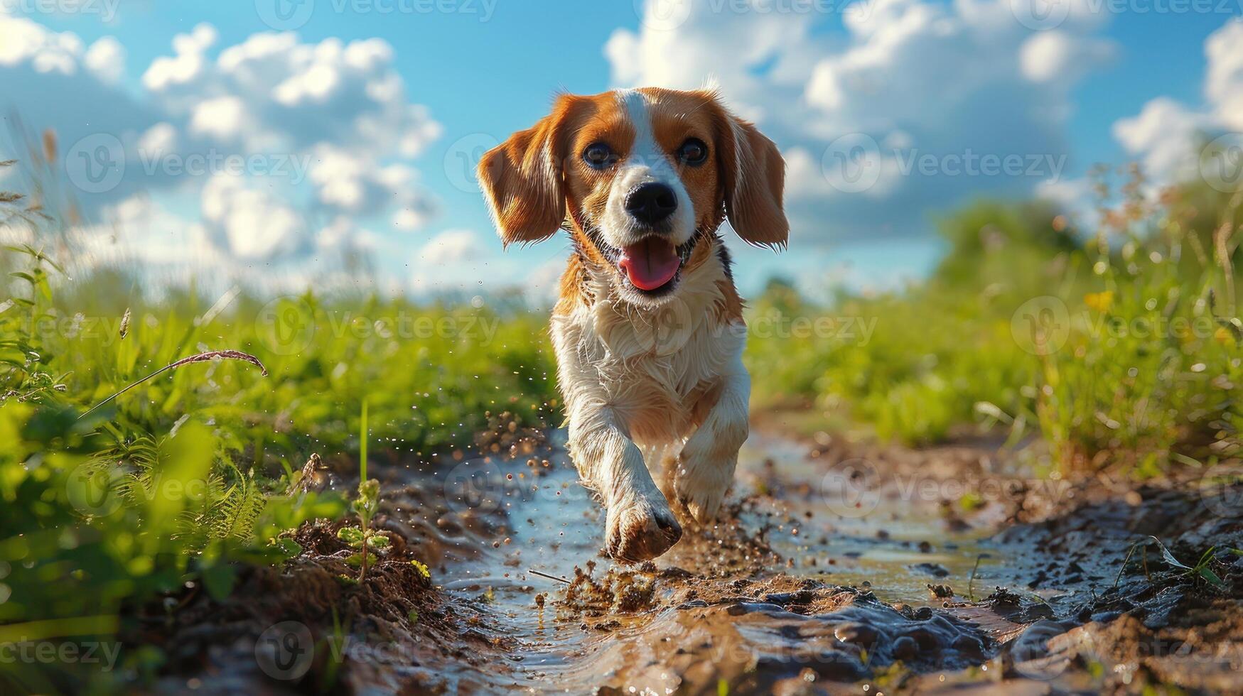 une chien est fonctionnement par boue et eau, avec ses langue en dehors photo