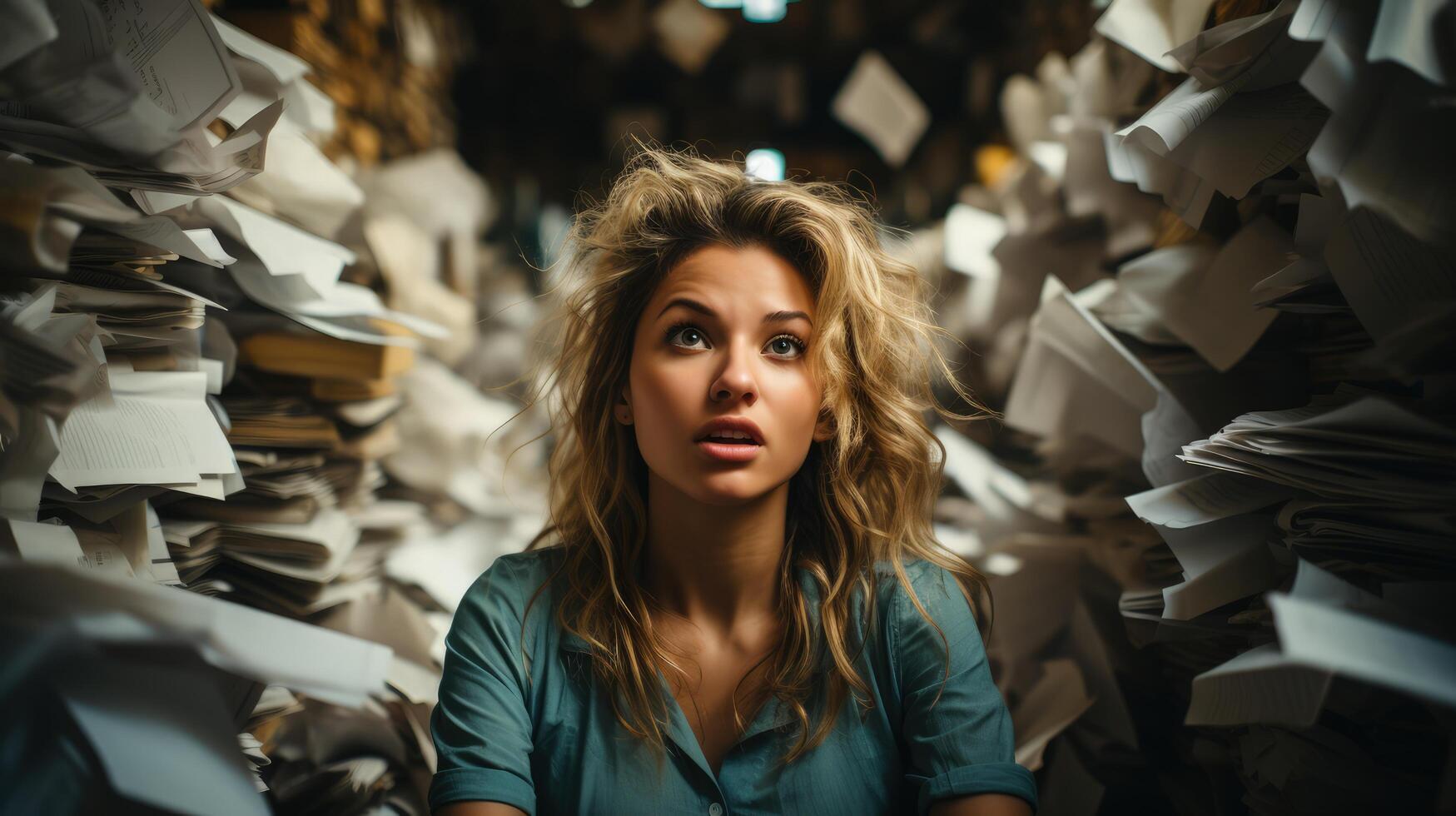 Jeune femme avec désordonné cheveux et large yeux, entouré par imposant piles de formalités administratives dans une encombré bureau, exprimer stress et submerger. idéal pour thèmes de lieu de travail pression photo