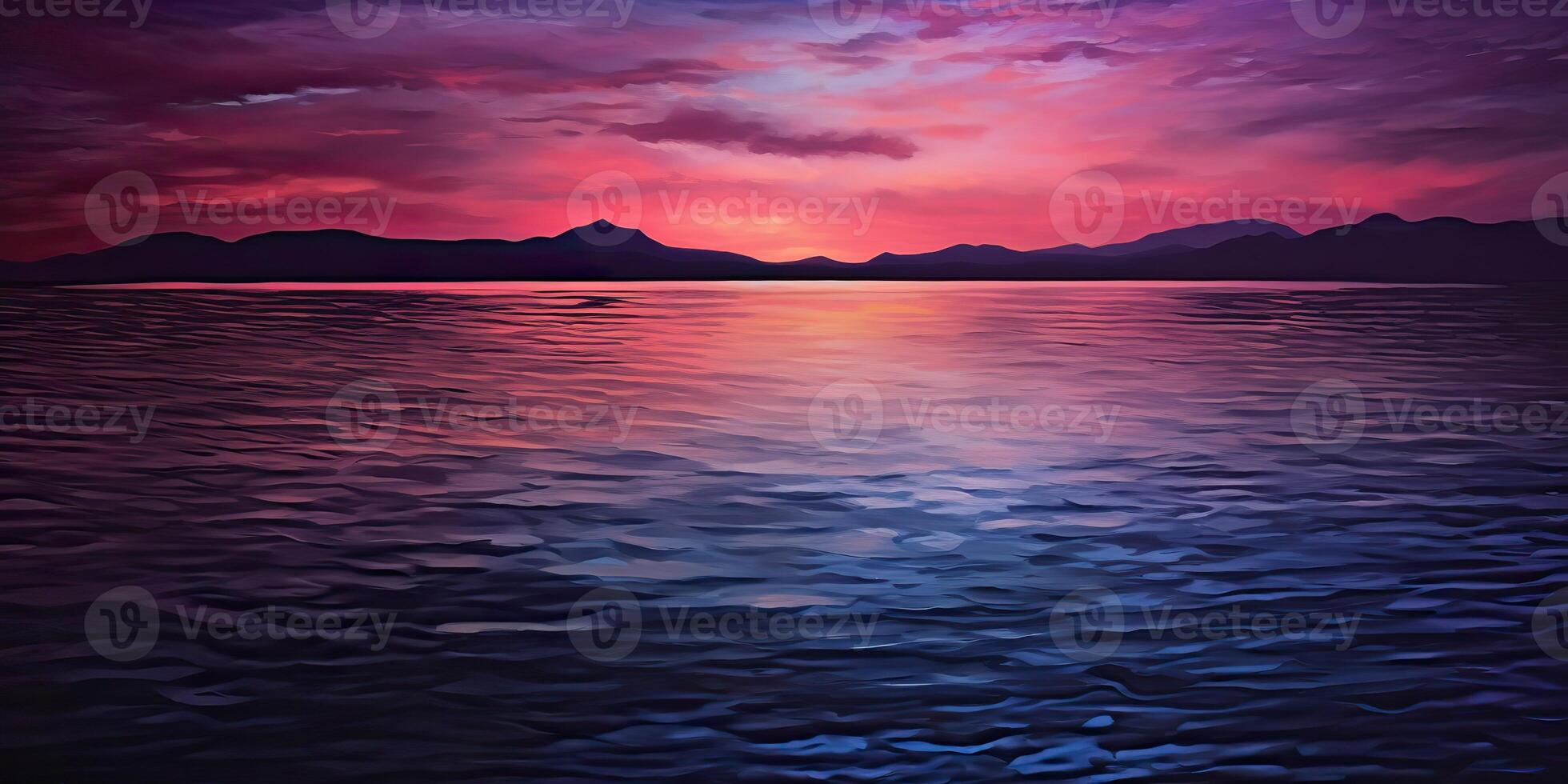 la nature Extérieur le coucher du soleil plus de Lac mer avec montagnes collines paysage contexte, rose brouiller en dehors de concentrer vue photo