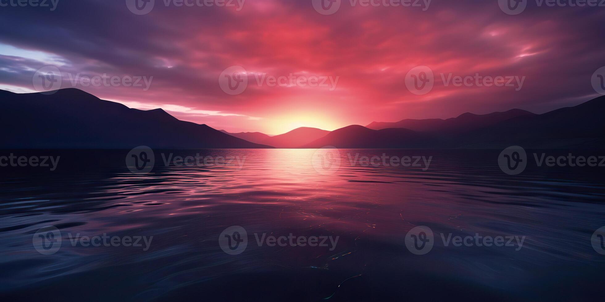 la nature Extérieur le coucher du soleil plus de Lac mer avec montagnes collines paysage contexte, rose brouiller en dehors de concentrer vue photo