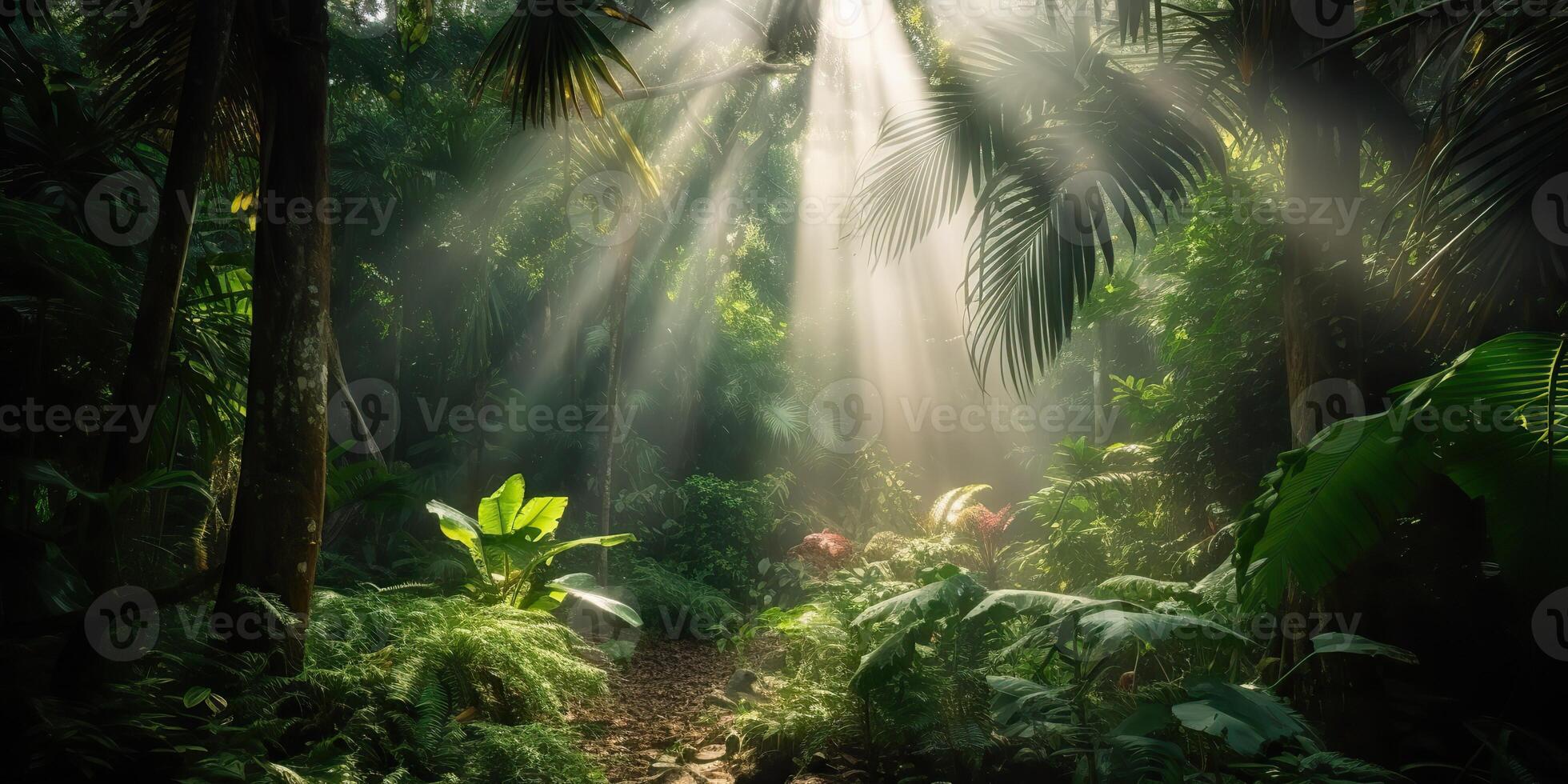 tropical pluie jungle Profond forêt avec bébé rayon lumière brillant. la nature Extérieur aventure vibe scène Contexte vue photo