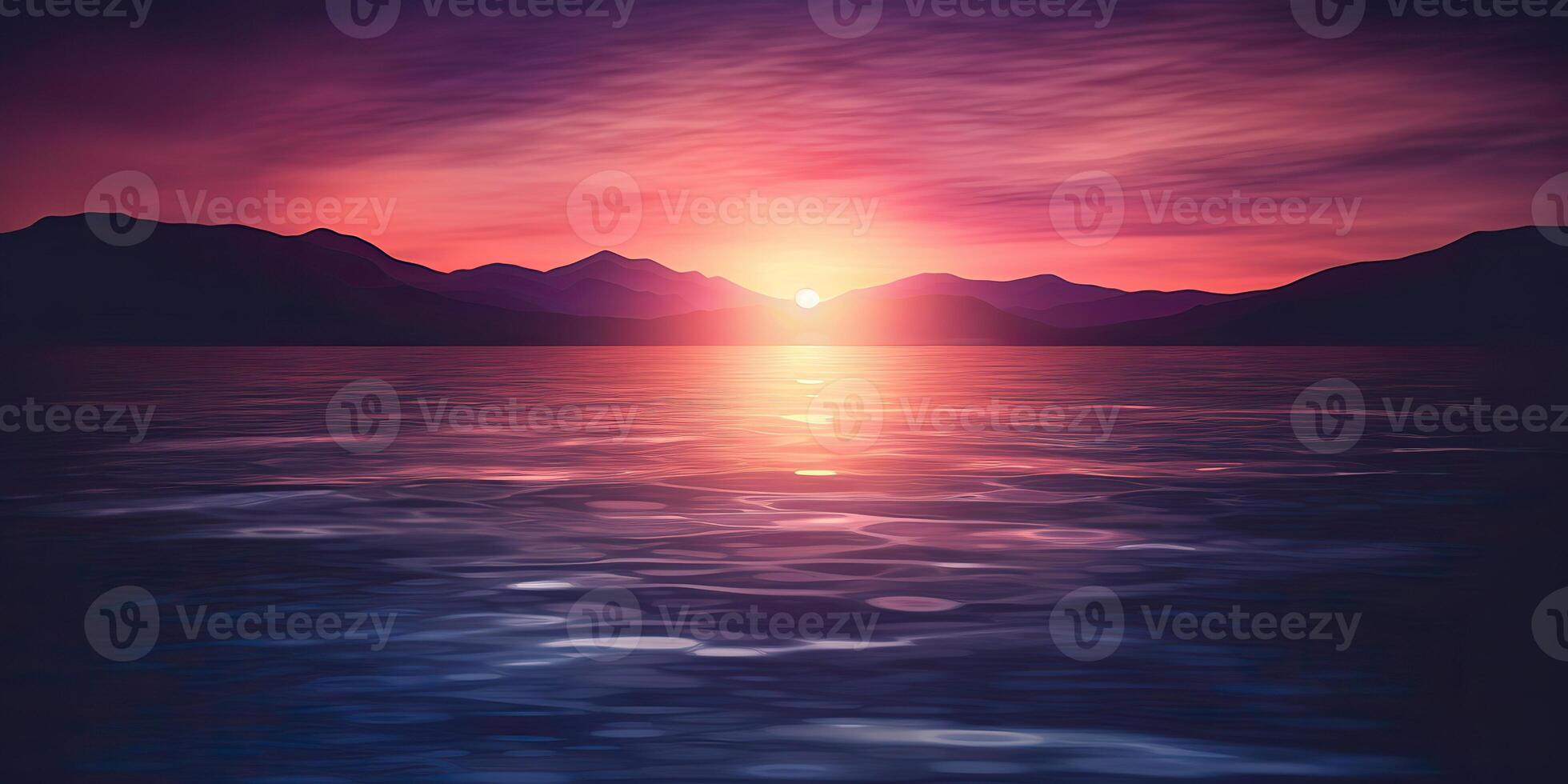 la nature Extérieur le coucher du soleil plus de Lac mer avec montagnes collines paysage contexte, rose brouiller en dehors de concentrer vue photo