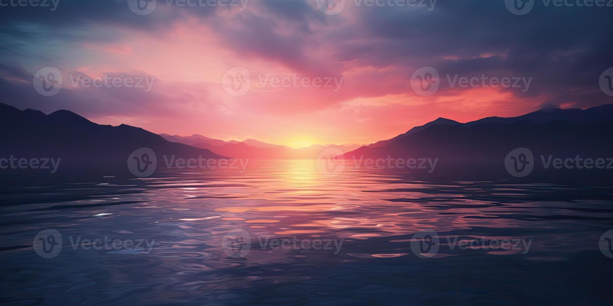 la nature Extérieur le coucher du soleil plus de Lac mer avec montagnes collines paysage contexte, rose brouiller en dehors de concentrer vue photo