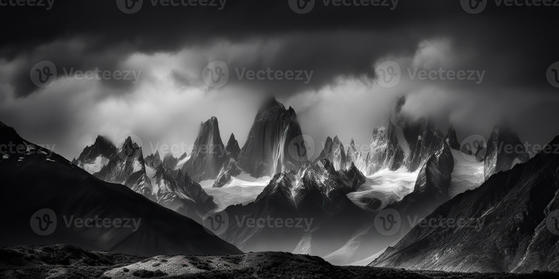 incroyable noir et blanc la photographie de magnifique montagnes et collines avec foncé ciels paysage Contexte vue scène photo