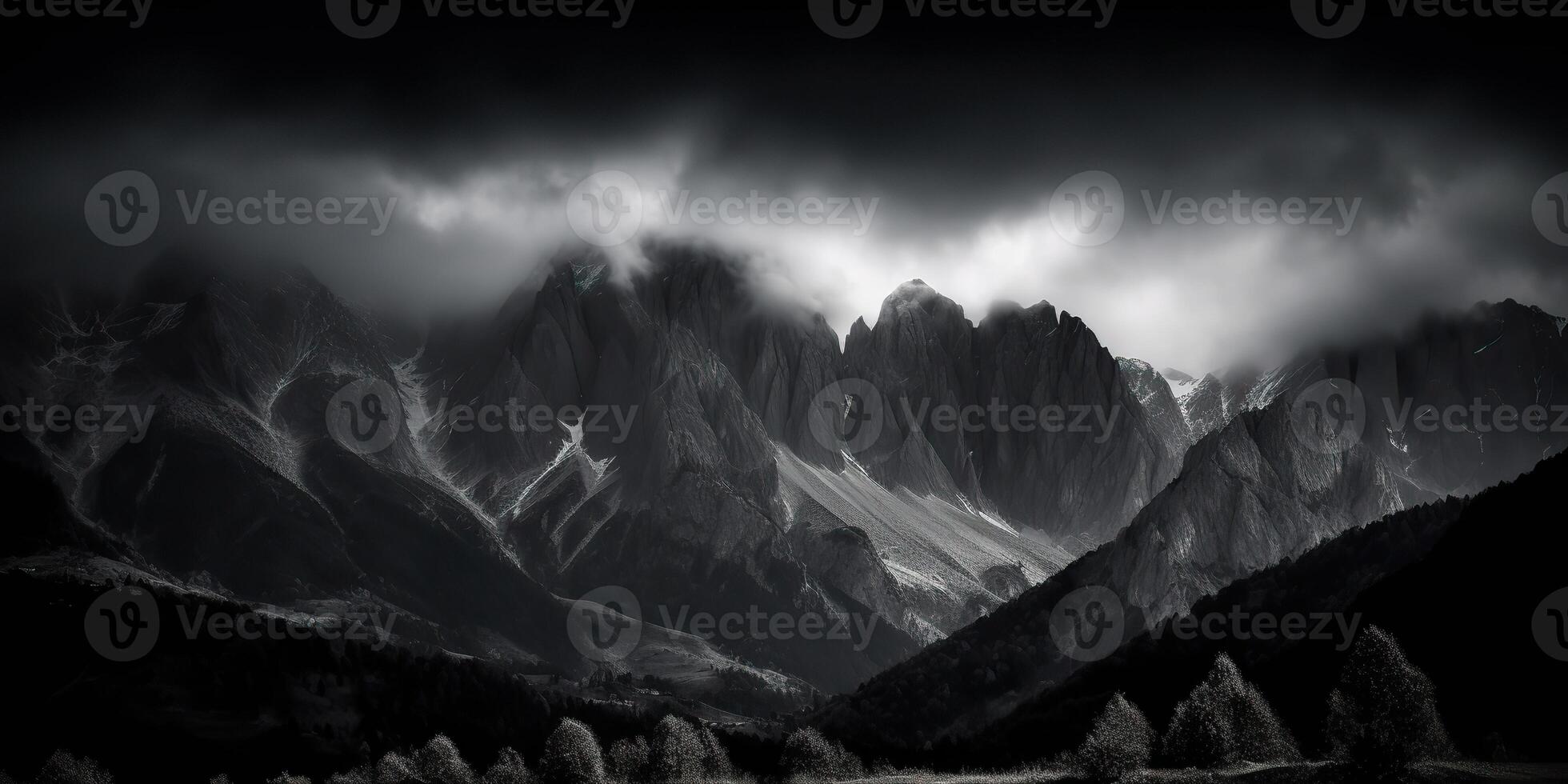 incroyable noir et blanc la photographie de magnifique montagnes et collines avec foncé ciels paysage Contexte vue scène photo