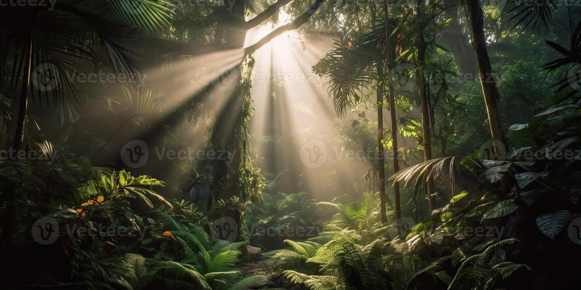 tropical pluie jungle Profond forêt avec bébé rayon lumière brillant. la nature Extérieur aventure vibe scène Contexte vue photo