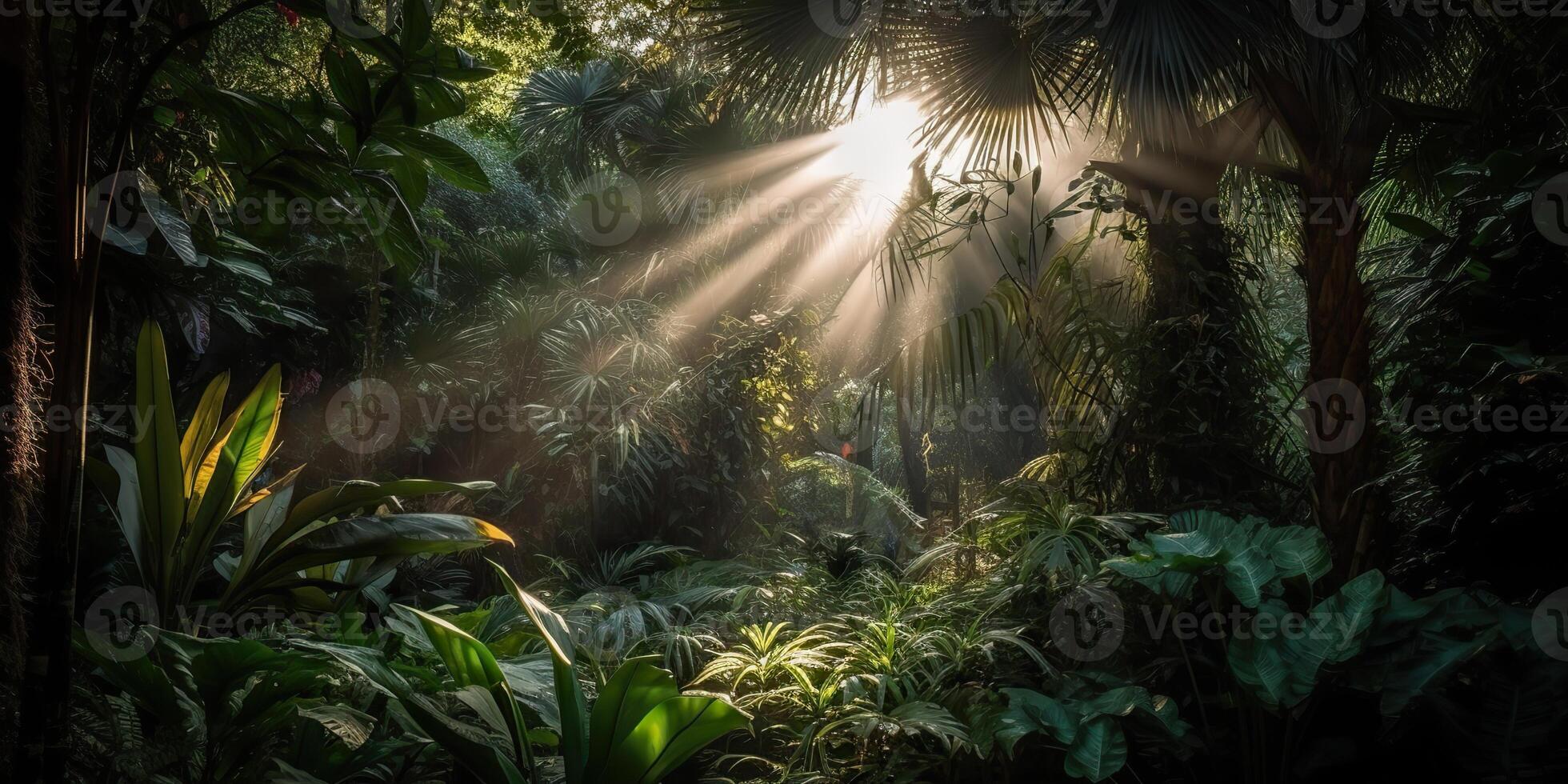 tropical pluie jungle Profond forêt avec bébé rayon lumière brillant. la nature Extérieur aventure vibe scène Contexte vue photo