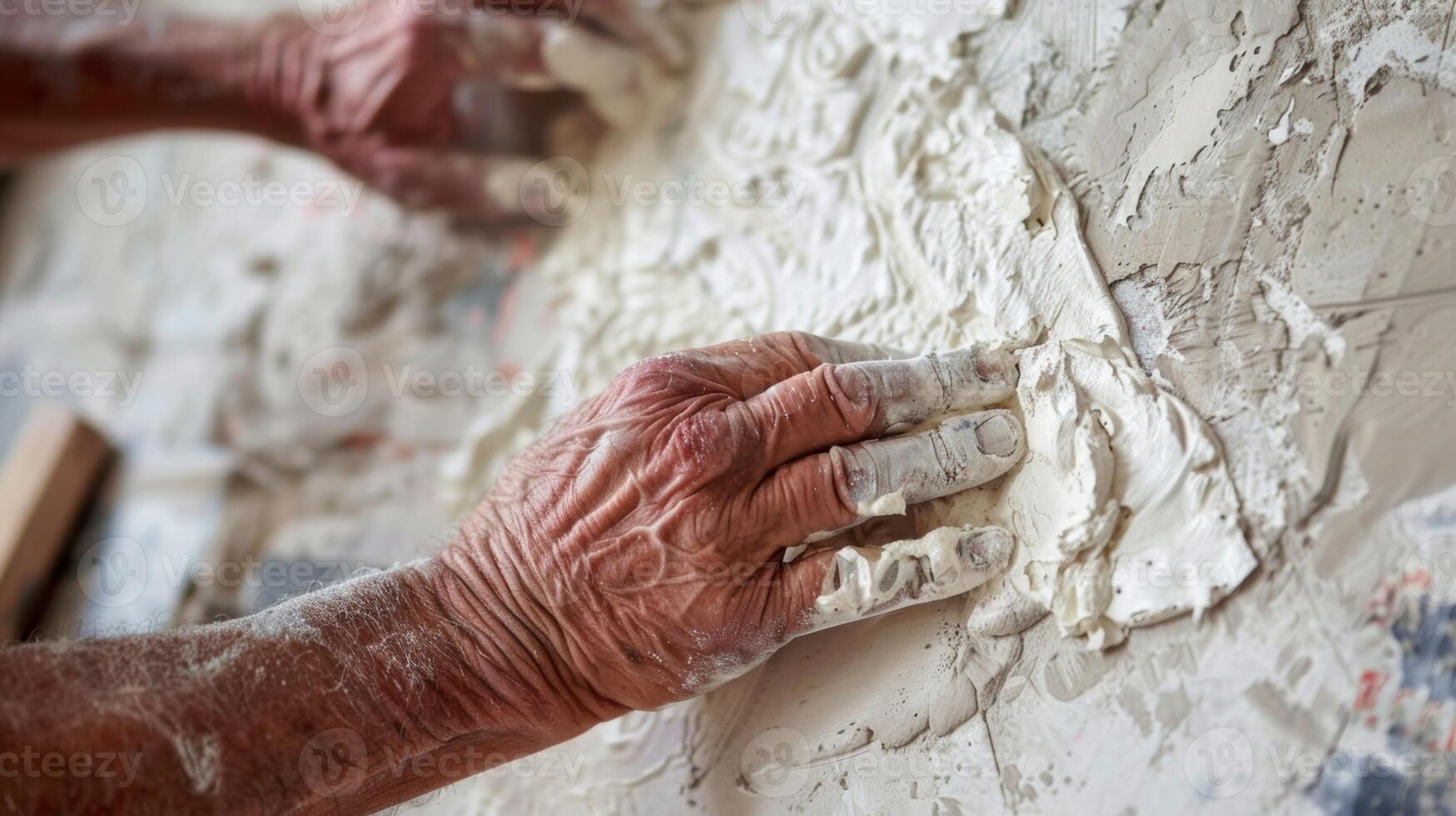 une fermer de une artisans mains habilement lissage en dehors une nouvellement appliqué couche de plâtre assurer une sans couture terminer sur une historique mur photo