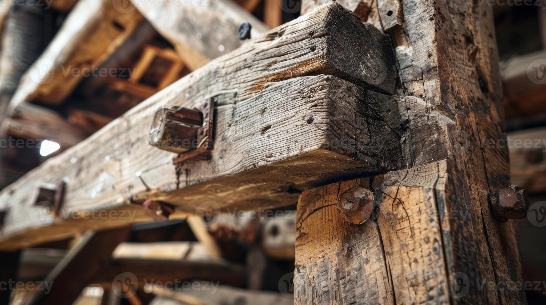 une équipe de experts en utilisant traditionnel ods à réparation le complexe en bois poutres de une historique Grange conservation ses de construction intégrité pour générations à viens photo