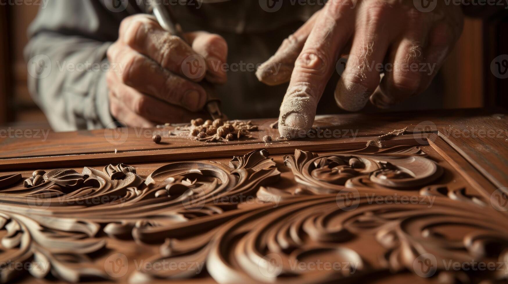 une fermer coup de une artisan méticuleusement sculpture complexe dessins dans foncé acajou panneaux pour le étude photo