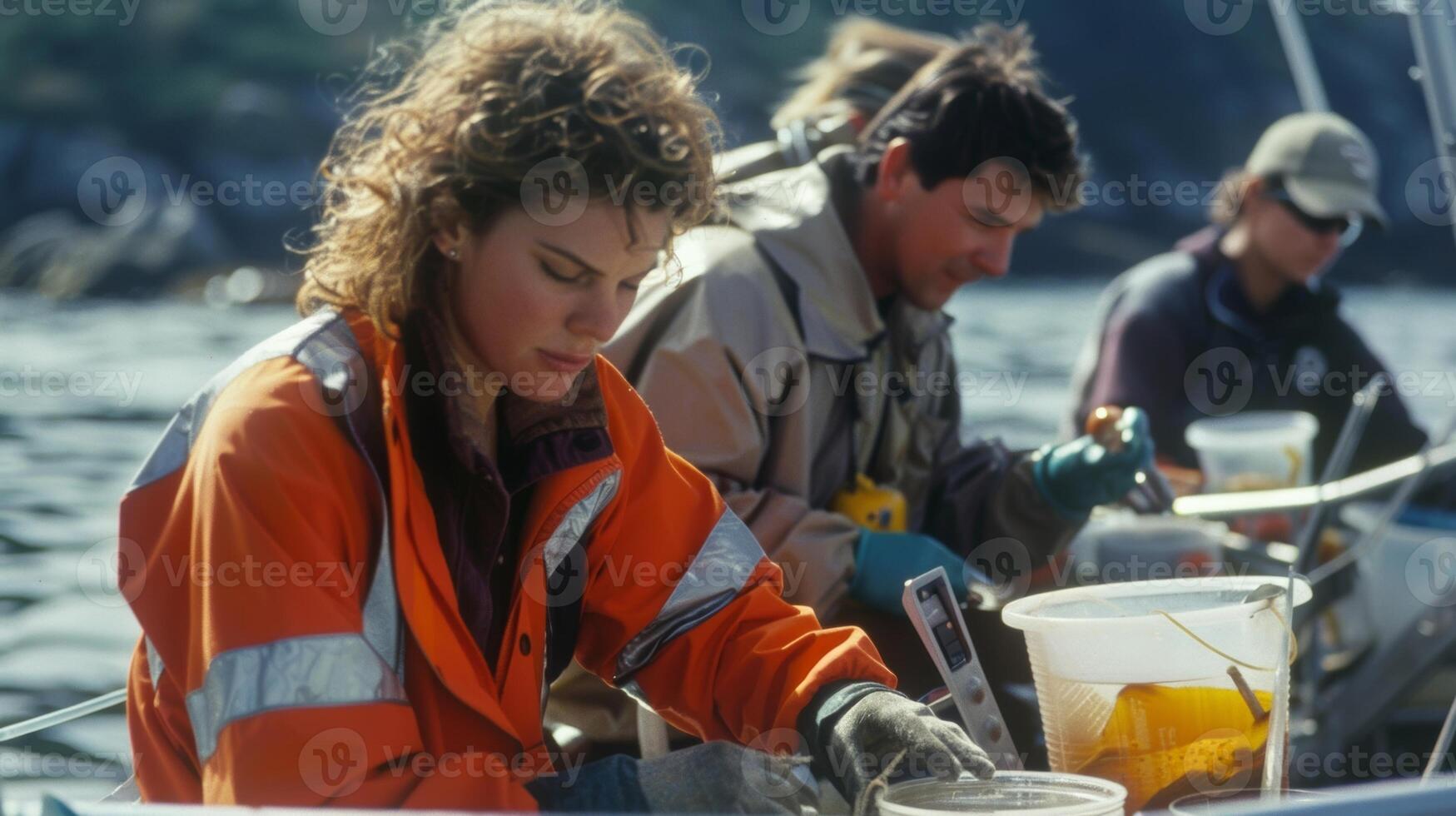 une équipe de Marin biologistes conduite recherche et collecte Les données sur le santé et population de divers poisson espèce dans le Région photo