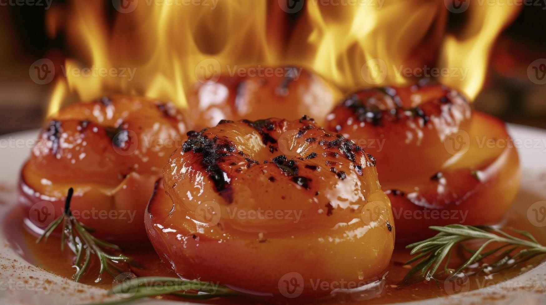 le parfait combinaison de douceur et chaleur dodu les pêches trempé dans une chaud whisky sauce et éclatement avec intense saveur de le flammes photo