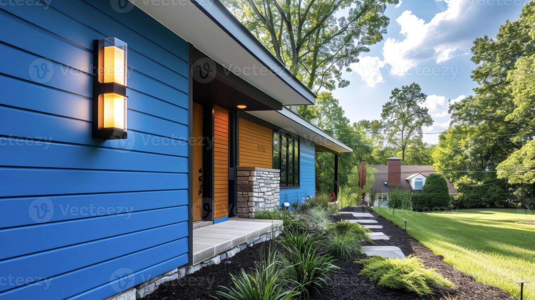 une nouvellement peint extérieur de une maison avec une Frais manteau de audacieux bleu peindre et moderne lumière agencements photo