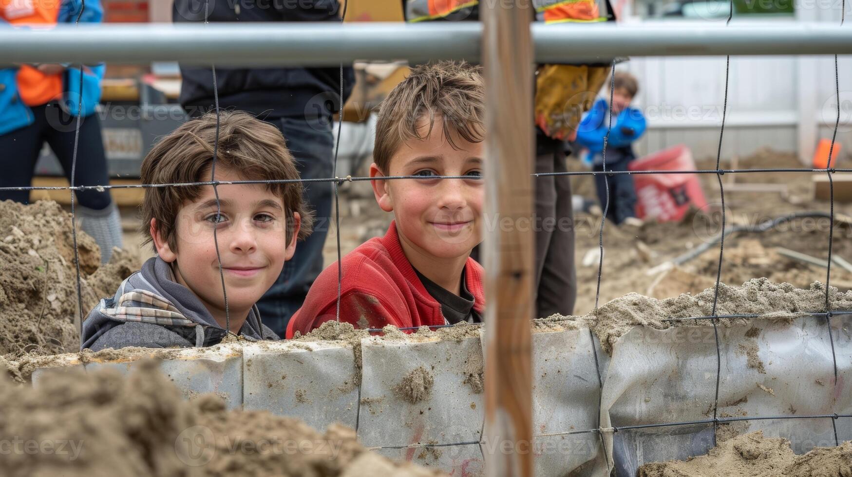 jeunes peering par une construction clôture comme elles ou ils vivement observer le creusement et fondation pose pour une Nouveau structure photo