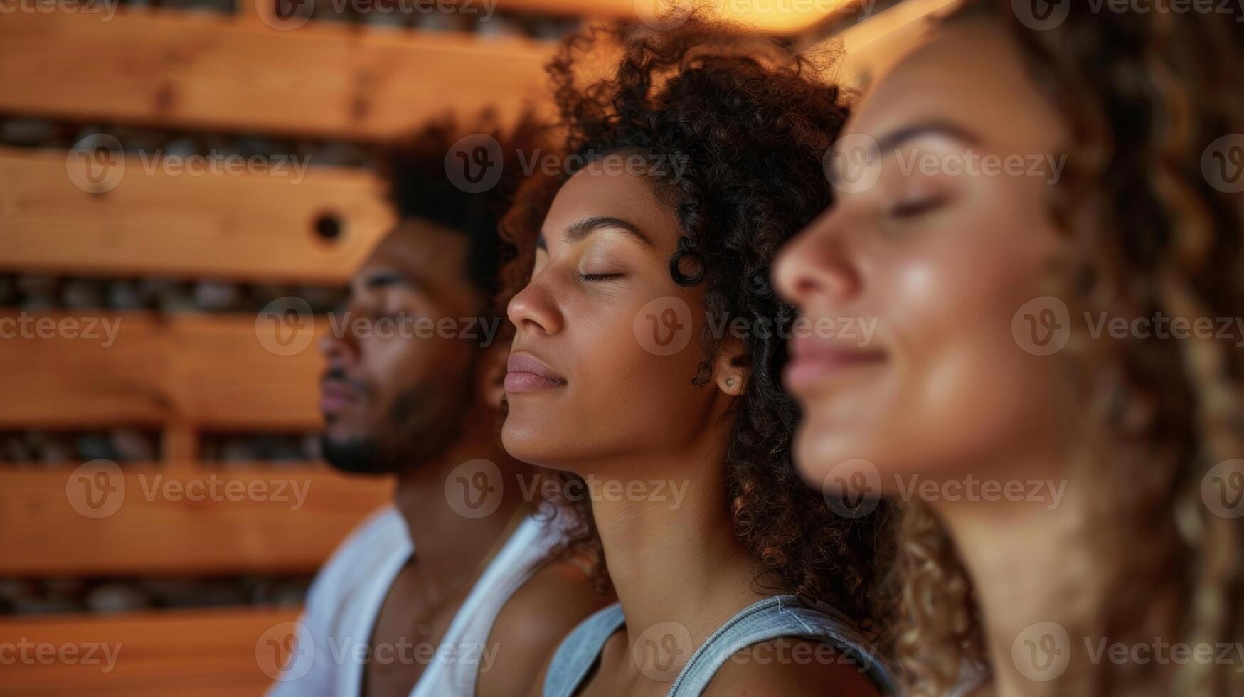 Trois copains asseoir avec leur yeux fermé pleinement présent dans le méditatif atmosphère de le sauna. photo