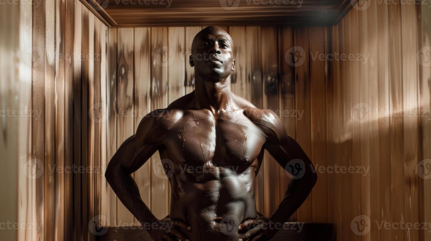 une aptitude gourou posant dans une sauna soulignant le rôle de chaleur et transpiration dans amélioration muscle récupération et la flexibilité. photo
