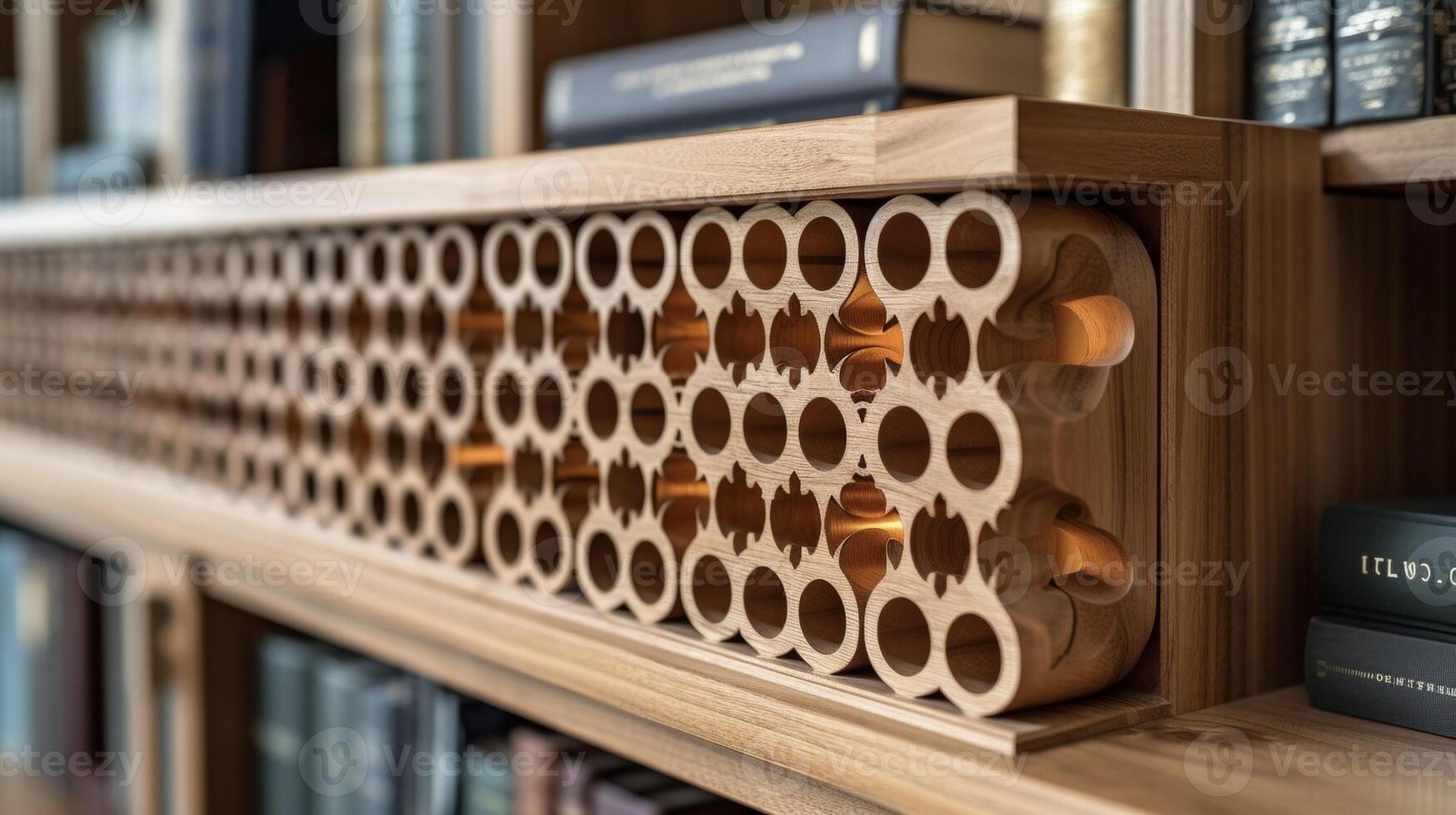 une détaillé Regardez à le complexe menuiserie et géométrique motifs sur une Douane en bois rayonnage unité dans une Accueil bibliothèque mise en évidence ses beauté et Fonctionnalité photo