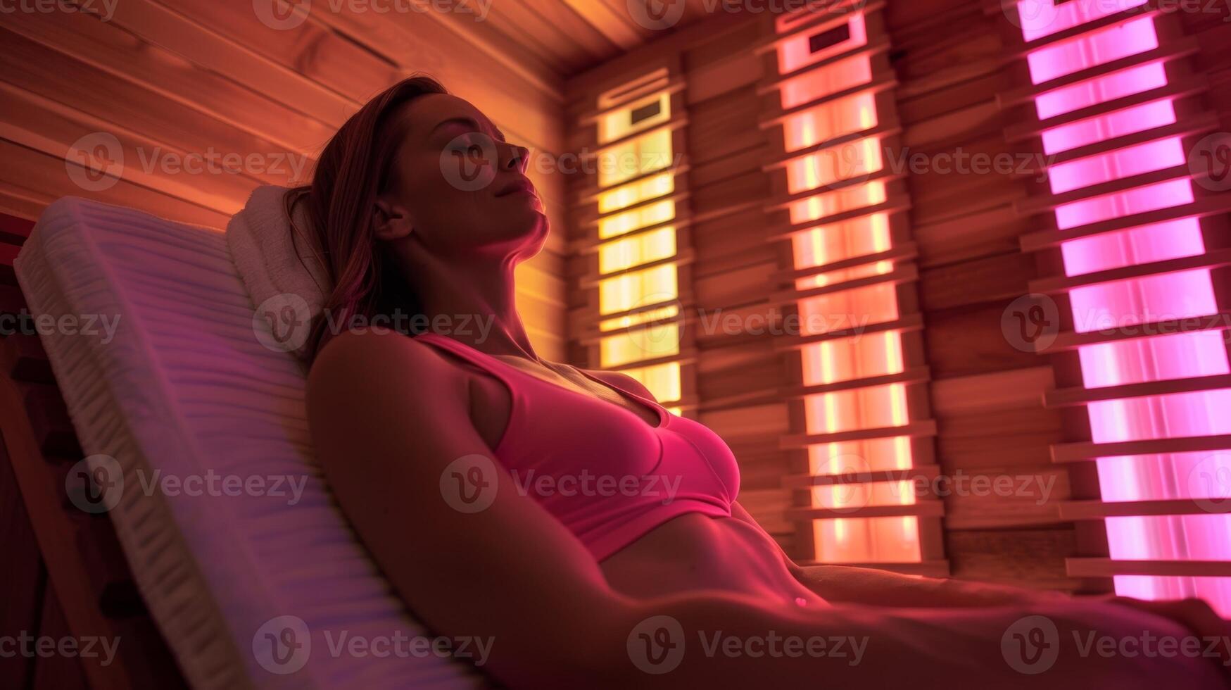 une femme allongé sur une confortable en bois banc à l'intérieur le sauna yeux fermé et tête incliné retour dans félicité comme le infrarouge des rayons traiter sa muscles et soulager inconfort. photo