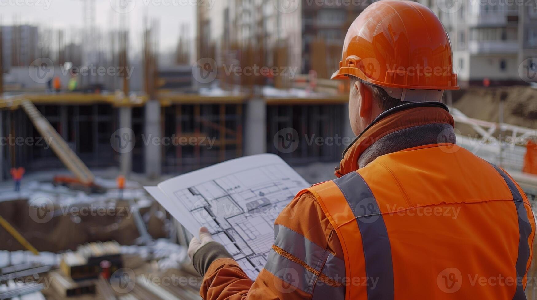 le construction site directeur soigneusement études une plan tandis que observer le travail étant terminé sur le site photo