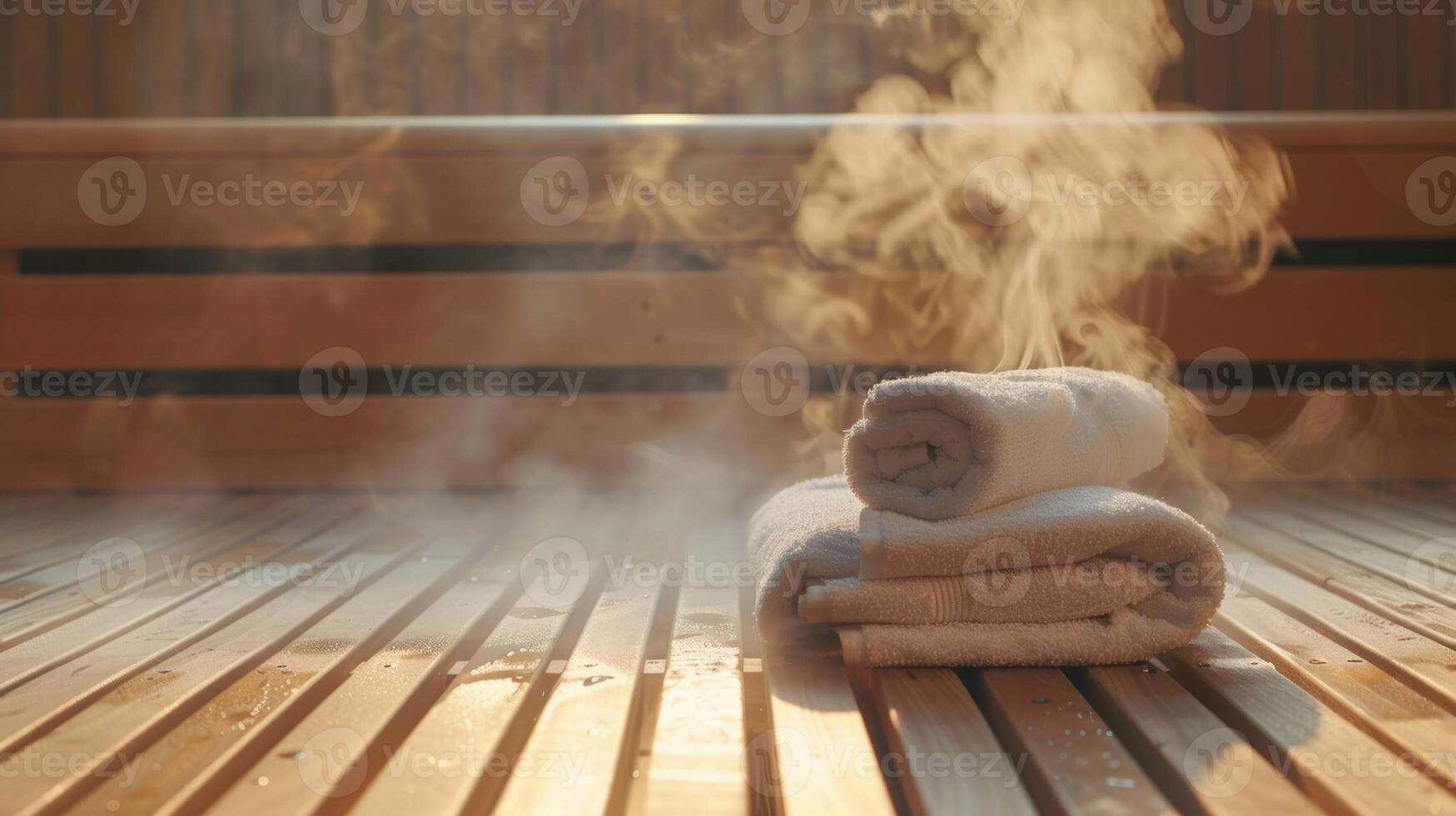 une brumeux rempli de vapeur sauna intérieur avec parfumé eucalyptus huiles et confortable les serviettes attrayant clients à respirer profondément et Libération construire tension et inconfort. photo