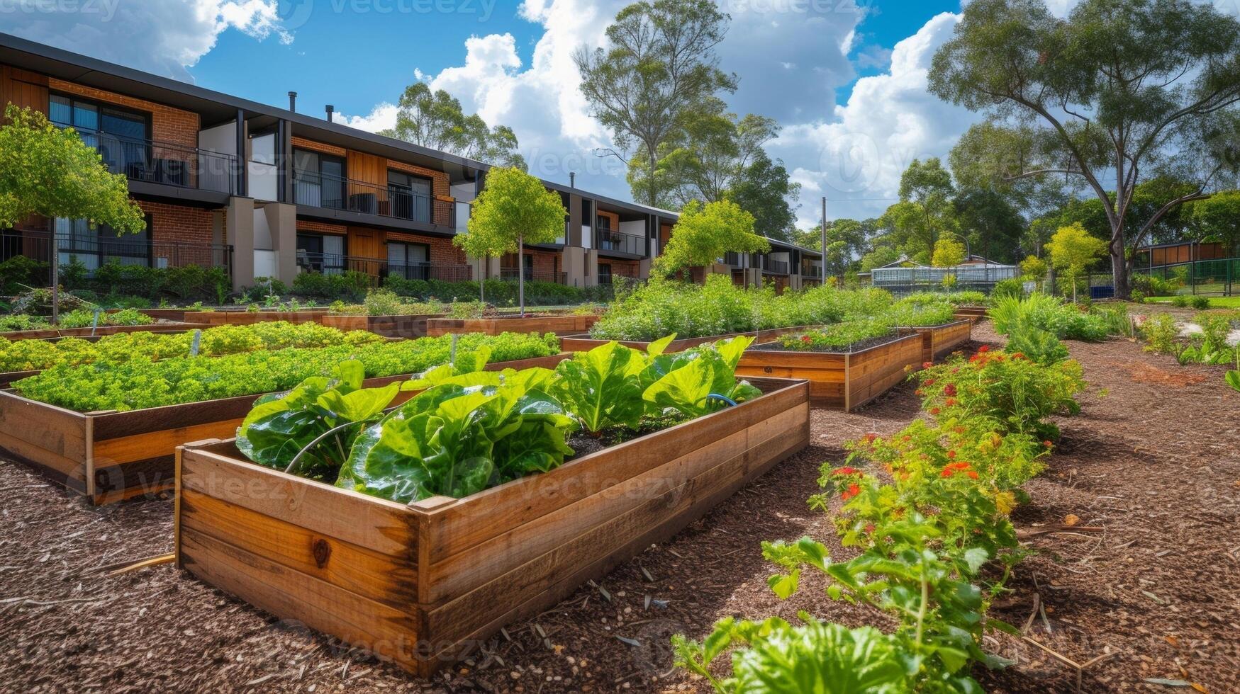 une serein retraite battre en retraite avec une communauté jardin rempli avec élevé des lits fournir une sens de objectif et lien pour les personnes âgées comme elles ou ils cultiver leur posséder peu tranche photo