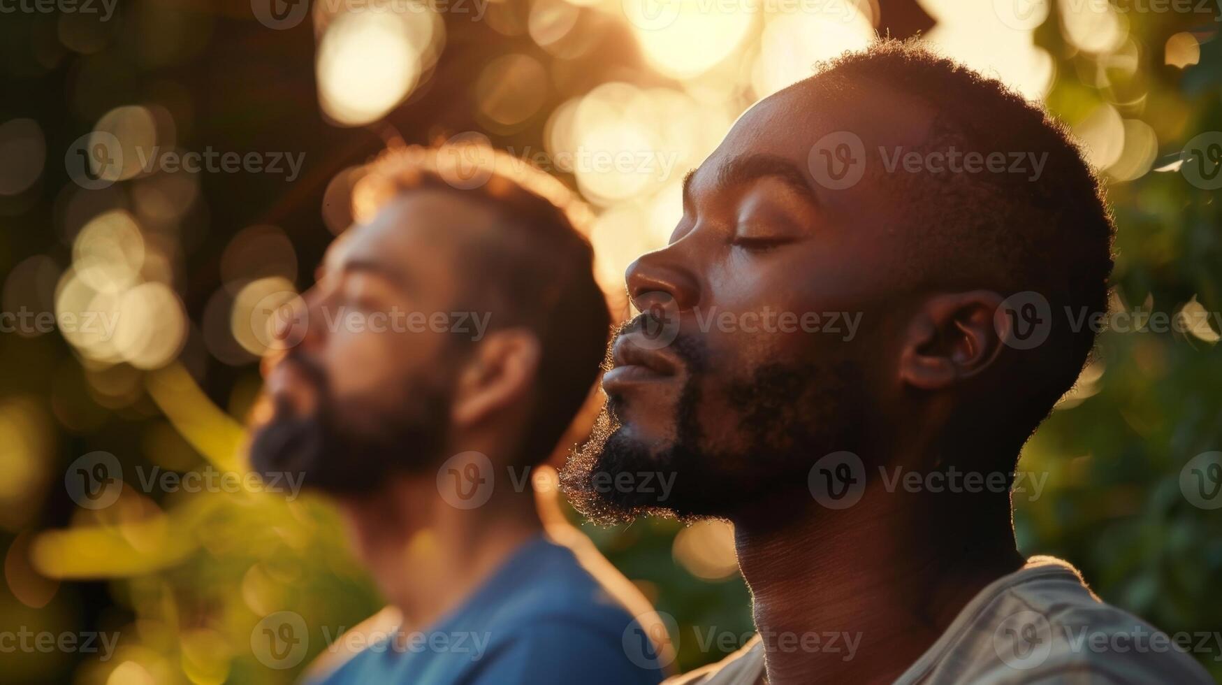 deux Hommes pratiquant Profond respiration techniques dans une harmonieux réglage entouré par la nature photo