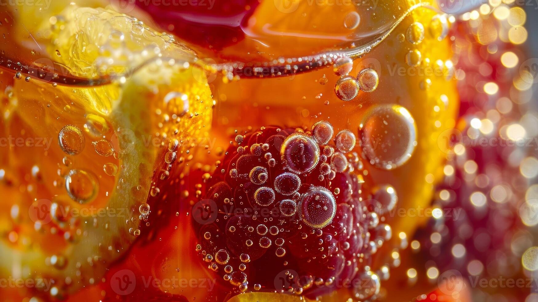 une fermer de une verre de Sangria montrant de le agrumes des fruits et flottant bulles photo